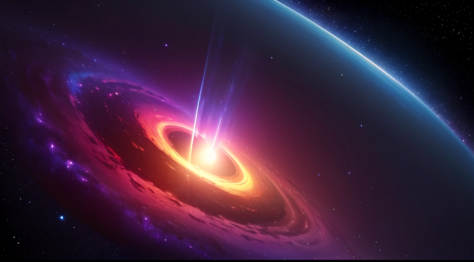 Create a 5-second animated representation of a black hole in deep space with vibrant colors. Detail the striking hues, the gravitational distortion around it, and the vivid lighting effects as objects are drawn towards the black hole. Try to convey the sense of a cosmic wonder and a truly awe-inspiring phenomenon within this brief animation