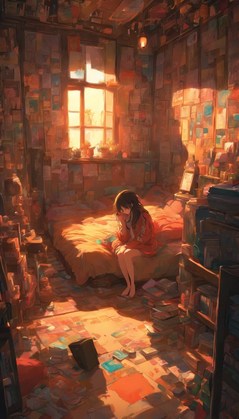 A dark, closed room. The room is cluttered. A cell phone and hand mirror are on the floor. The woman is looking down. Woman cannot see her face. A woman holding her knees on a bed. Fantastic. High quality in every detail.