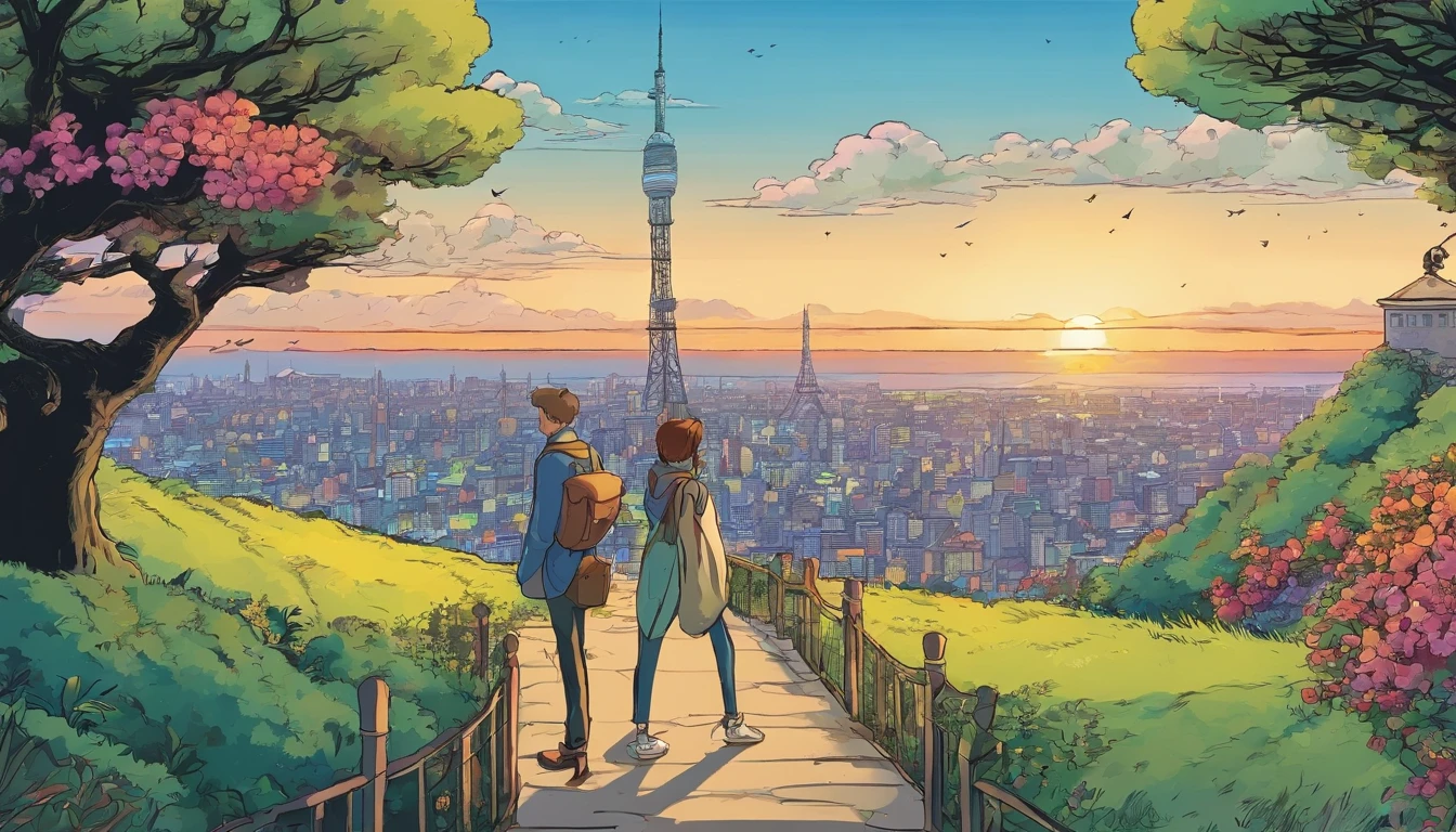 Two men and two women wandering the hills listening to music. The hours are from 6 p.m. to midnight, The art style is that of Ghibli Studios,You can see Tokyo Tower