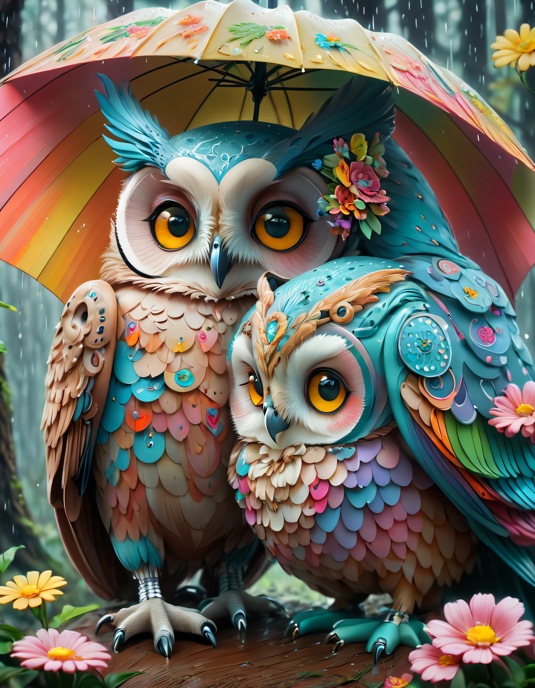 （Paint colorful mother owl and baby owl baby with flowers），（A large umbrella），（Mother owl holding an umbrella and holding her baby：1.37），A caring expression， Background with：（A forest where it is raining heavily：1.3），（It is raining heavily），
 Cute detailed digital art, lovely digital painting, adorable digital art, Beeple and Jeremiah Ketner, cute owl, cute detailed artwork,cute 3 d render, digital painting highly detailed, cute colorful adorable, highly detailed digital artwork, highly detailed and colored, digital art highly detailed, cute artwork