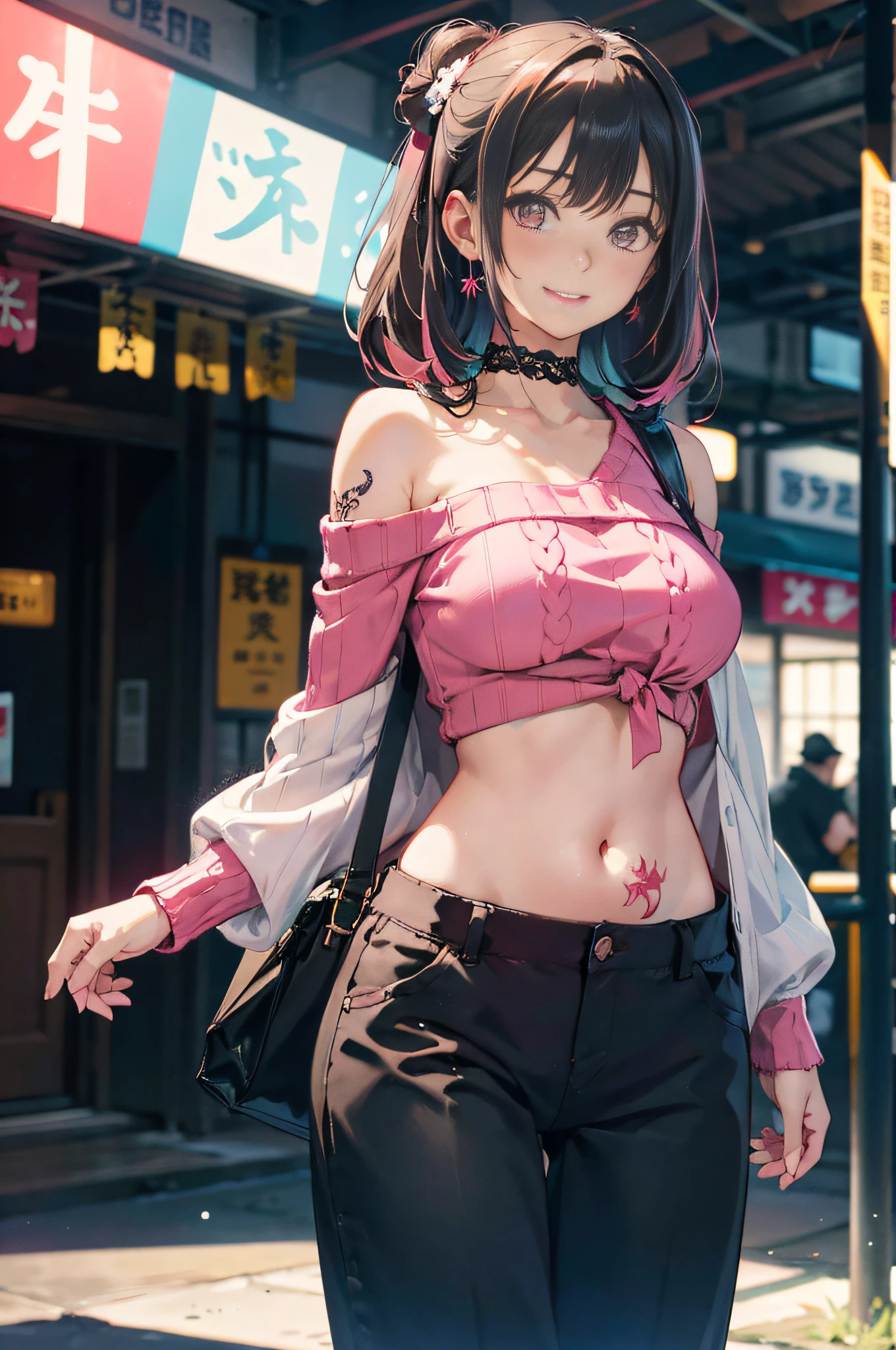 a 20 yo woman、Pink hair、long twintail、Big smile、nedium breasts、crisp breasts、The thighs are clear at a glance、fishnet tights、＜Tips for quality improvement＞
＜Character appearance、Background and other tips＞
Break (Pink theme:1.4), (Vivid colors:1.3), (Pink sweater:1.4), (longer sleeves:1.3), ((cropped shoulders, navel, stomach):1.3),
Break (Black Themes:1.3), ((Black oversized pants, Black baggy pants):1.3), (Black choker:1.2), (Earrings:1.2), (Lace-up boots:1.1),
＜expressioness、illuminating、Other tips＞(hi-top fade:1.3)、dark themes、muted tones、pastelcolor、hight contrast、(Natural Skin Textures、Hyper-realism、Soft light、Sharp) (masutepiece, of the highest quality, Best quality, offcial art, Beautiful and aesthetic: 1.2), (1girl in: 1.3), Very detailed, (Fractal art: 1.1), (Color: 1.1) (Flowers: 1.3), (author：Higuchi Yuko:1.4), Yuko Higuchi,(Posted by Yow:1.2),(linear art),Line drawing,pen painting,zentangle,(tattoo pattern:1.2),(Complex lines),(masutepiece),(Best quality:1.1), (Ultra-detailed),Best Illustration,finedetail,hand-drawn high quality,High contrast,(Clean lines:1.3),清晰的线条,(Portrait),(Very close-up:1.1),1 girl,Solo,The girl was wrapped in snow,(Intricate details:1.3),(Detailed background:1.2),(coloured background:1.1),Sketch,Intricate details,high resolution，a moon，top-quality、8K、A high resolution、tmasterpiece、(porate:0.6)、brunette color hair、mid hair、(grinning evily:1.3)、(looki at viewer:1.3)、(bokeh dof)、18yr old、8K, masutepiece, (Photorealistic:1.5), Artistic portrait from behind ((Gangster girl) in a kimono), Back tattoo, Tattoos that expose the back, (Dragon tattoo), Bare shoulders, huge-breasted,  Beautiful skin, Slim fit, Cute face, Nice appearance, view the viewer, The red hair is tied into a bun with bangs, Foggy, Daylight, skyscrapper, Clouds, Cozy and cool atmosphere, Dynamic lighting, Natural, Artistic，18-year-old girl Wahori skin, The Yakuza, Japanese mafia, Background of Tokyo's red light district, Realistic, Photoreal, masutepiece, Best quality, Sexy tattoos, Exotic, Erotic，Tribal Tattoos Tribal tattoos are all over the arms，