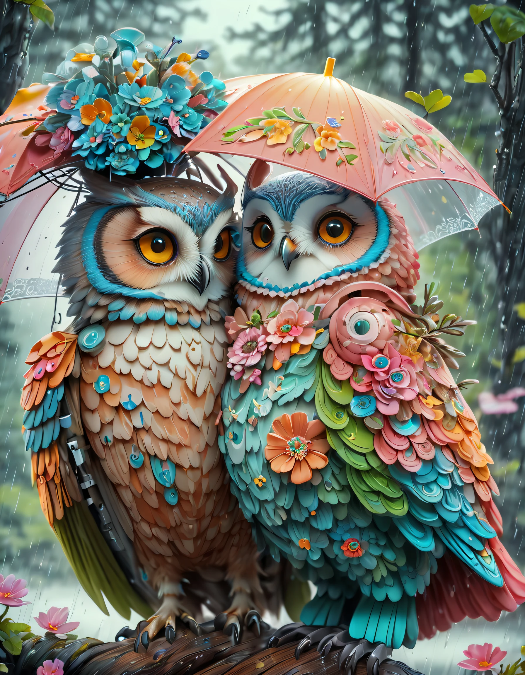 （Paint colorful mother owl and baby owl baby with flowers），（A large umbrella），（Mother owl holding an umbrella and holding her baby：1.37），A caring expression， Background with：（A forest where it is raining heavily：1.3），（It is raining heavily），
 Cute detailed digital art, lovely digital painting, adorable digital art, Beeple and Jeremiah Ketner, cute owl, cute detailed artwork,cute 3 d render, digital painting highly detailed, cute colorful adorable, highly detailed digital artwork, highly detailed and colored, digital art highly detailed, cute artwork