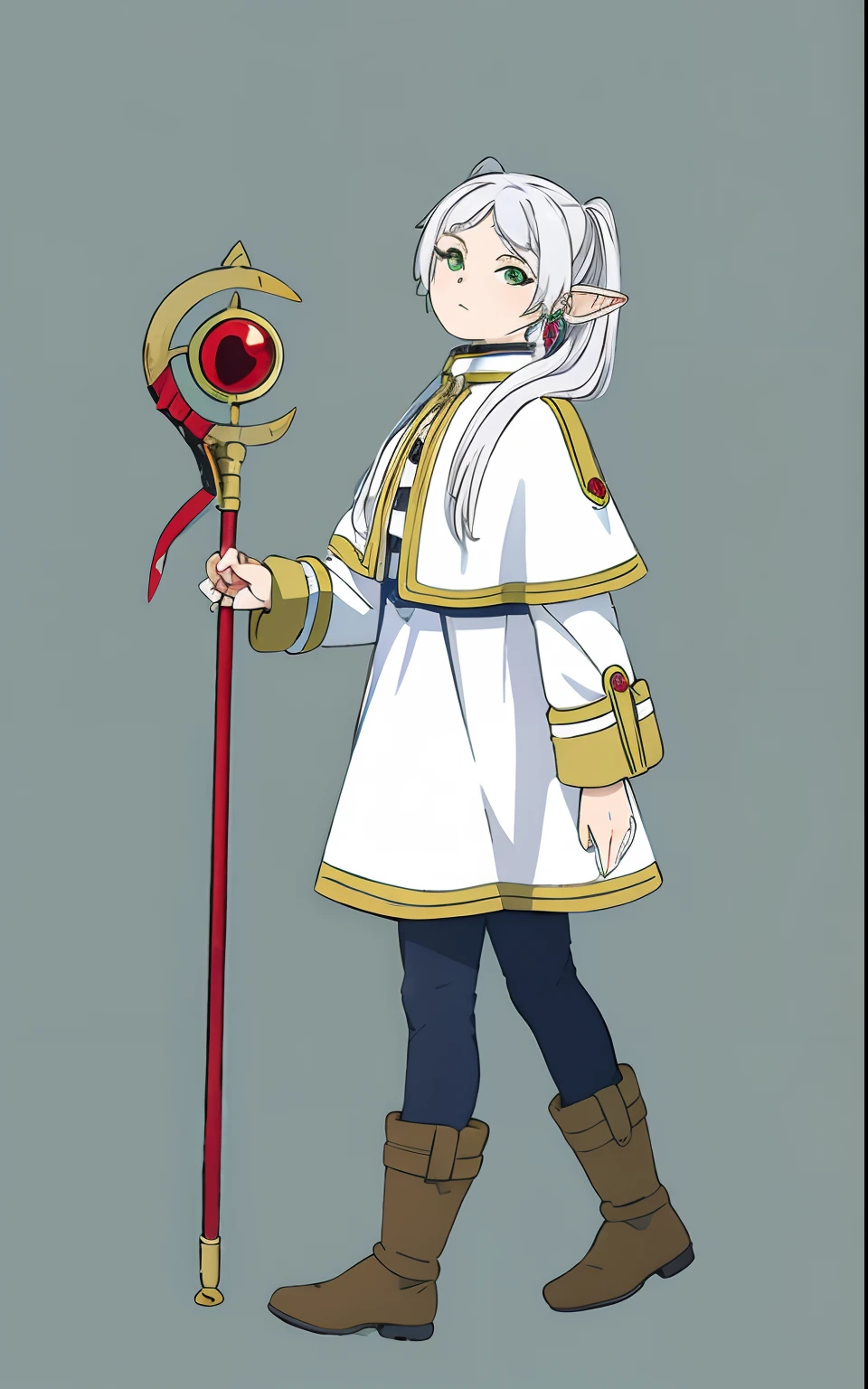 anime character with a sword and a white coat, white haired deity, dressed like a cleric, female cleric, pretty female cleric, alchemist girl, cleric, official character art, art style of rune factory 5, aqua from konosuba, anime character, portrait knights of zodiac girl, best anime character design, ( ( character concept art ) ), a young female wizard, frieren, 1girl, earrings, elf, long hair, pointy ears, solo, twintails, green eyes, earrings, white hair, looking at viewer,