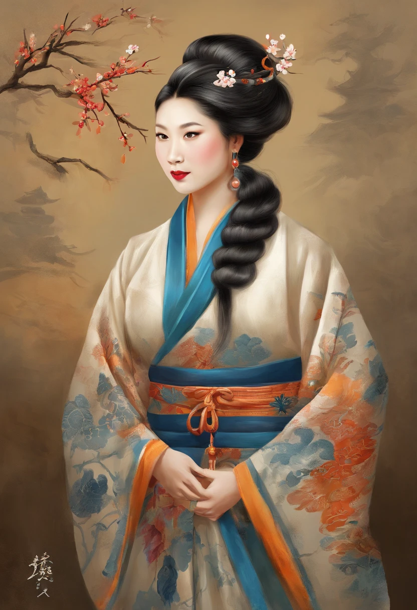 Uma mulher chinesa segurando medalha, clear lighting, vestido florido, detalhes intrincados, foco nítido, dynamic pose, Antecedentes complexos, paisagem de fantasia, Luz, intrincado, filigrana, Clareza, dynamic lighting, Clareza, alta qualidade, foco nítido, Realistic, lindamente pintado, Triadic-Colors, cor profunda, orange ratio, Centrado, symmetric eyes, Luminismo, Hokusai Ukiyo e onda de estilo. Chinese standards. Homem chines tracos delicados com barba segurando medalhas