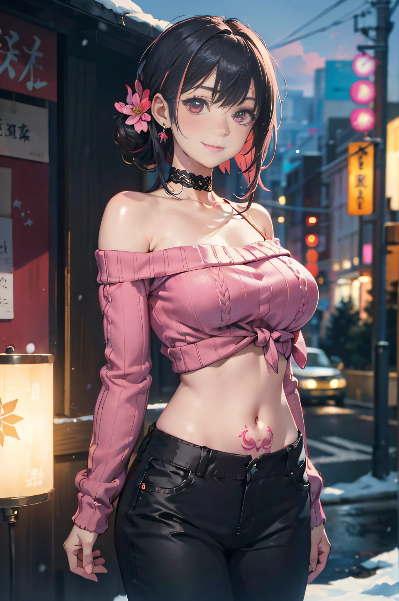 a 20 yo woman、Brown hair、long twintail、Big smile、cleavage of the breast、voluptuous breasts、Thighs at a glance、fishnet tights、<Quality Improvement Prompt>
<Character appearance、Background and other prompts REAK (Pink Theme:1.4), (Vivid colors:1.ink sweater:1.4), (long-sleeve:1.3), ((off shoulders, Navel, Stomach):1.3),
BREAK (Black theme:1.3), ((Black oversized pants, Black baggy pants):1.3), (Black Choker:1.2), (earrings:1.2), (lace-up boots:1.1),
<expressioness、illuminating、Other prompt top fades:1.3)、dark themed、Muted Tones、Subdued Color、highly contrast、(natural skin textures、Hyper-Realism、Soft light、sharp) (masutepiece, of the highest quality, Best Quality, Official art, Beautiful and aesthetic: 1.2), (1girl in: 1.3), Very detailed, (Fractal Art: 1.1), (Color: 1.1) (Flowers: 1.3), (By Yuko Higuchi:1.4), Yuko Higuchi,(posted by Yow:1.2),(linear art),Line drawing,Pen drawing,Zentangle,(Tattoo patterns:1.2),(A masterpiece of intricate lines),(Best Quality:1.1), (Ultra-detailed),Best Illustration,finely detail,hand-drawn high quality,High contrast,(Clean lines:1.3),ligne claire,(Portrait),(very closeup:1.1),1 girl,Solo,girl covered in snow,(Intricate details:1.3),(Detailed background:1.2),(coloured background:1.1),sketch,Intricate details,High resolution,a moon,top-quality、8K、hight resolution、masterpiece、(portlate:0.6)、A dark-haired、Middle hair、(grinning evily:1.3)、(Look at viewers:1.3)、(bokeh dof)、18year old、8K, masutepiece, (Photorealistic:1.5), Artistic portrait from behind ((Yakuza Girls) Wearing kimono), back tattoo, Revealing the tattoo on the back, (Dragon tattoo), Bare shoulders, huge-breasted, Beautiful skin, Slim Fit Body, Cute face, nice appearance, look at viewr, Red hair in a bun with bangs, Foggy, Daylight, skyscapers, Clouds, Cozy and cool atmosphere, Dynamic lighting, natural, artistic,18-year-old girl Wahori skin, Yakuza, Japan Mafia, Background of Tokyo Red Light District, Realistic, Photoreal, masutepiece, Best Quality, Sexy with tattoos, Exotic, Erotic,Tribal tattoos Tribal tattoos all over the arm,Full body, (a bar counter、shop front:1.4)、deep-shadows、Beautiful face with detailed face and eyes、blurry backround、20-year-old beauty、shinny skin, Beautiful wavy golden hair、 poneyTail、Beautiful face with blue eyes、blurry backround、 Bunny Girl、High-cut leotards、a bow tie、White cuffs、Thighs wrapped in fishnet stockings Rabbit ears are missing、Have a tray of liquor、crouching down、An embarrassed smile with an open mouth、Curve、