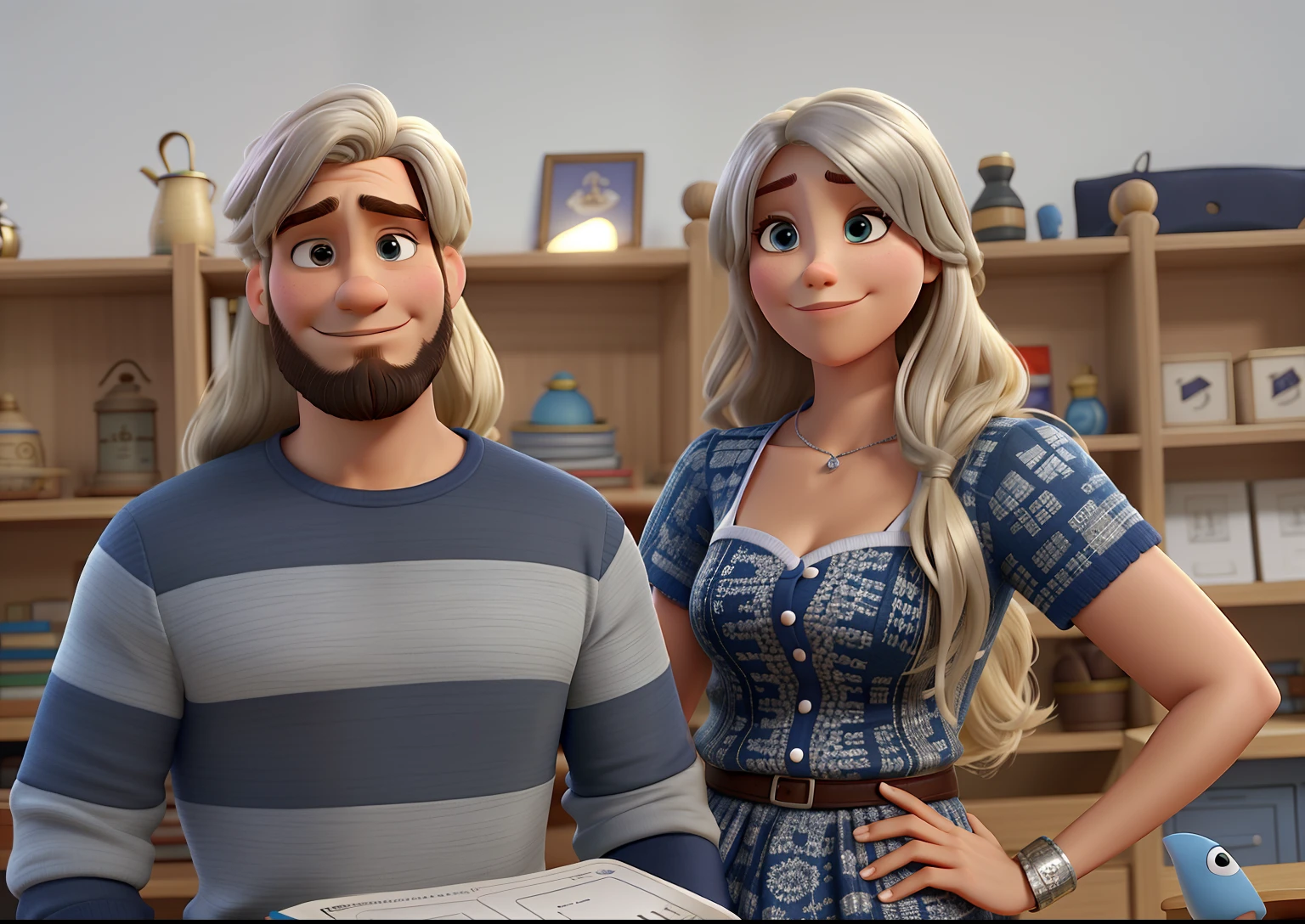 Estilo pixar alta qualidade melhor qualidade homem com barba curta, The woman with silver blond hair without glasses,