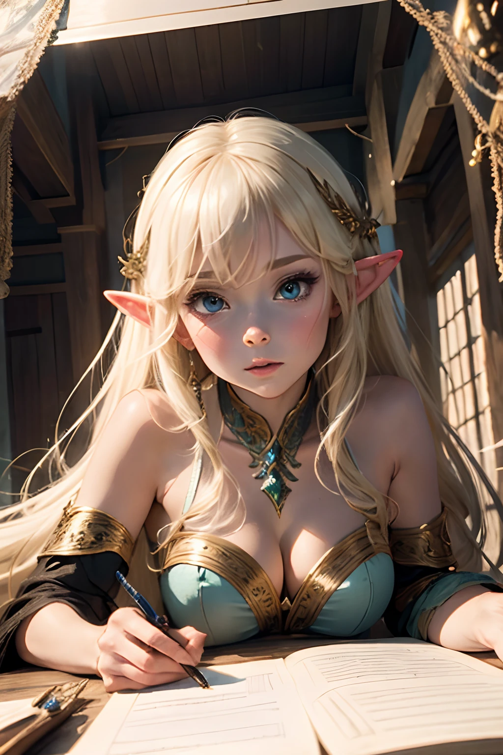 High quality, concept art with runes featuring a fantastic and beautiful female elf drawn on weathered parchment, using runes to explain the concept of elves, character sheet, reminiscent of elven royalty Intricate details of elf costumes, perfect anatomy, parchment serves as a canvas decorated with ancient runes Elvish lore and magical tales, hand-drawn sketches, by Yuki Sakura, high details,