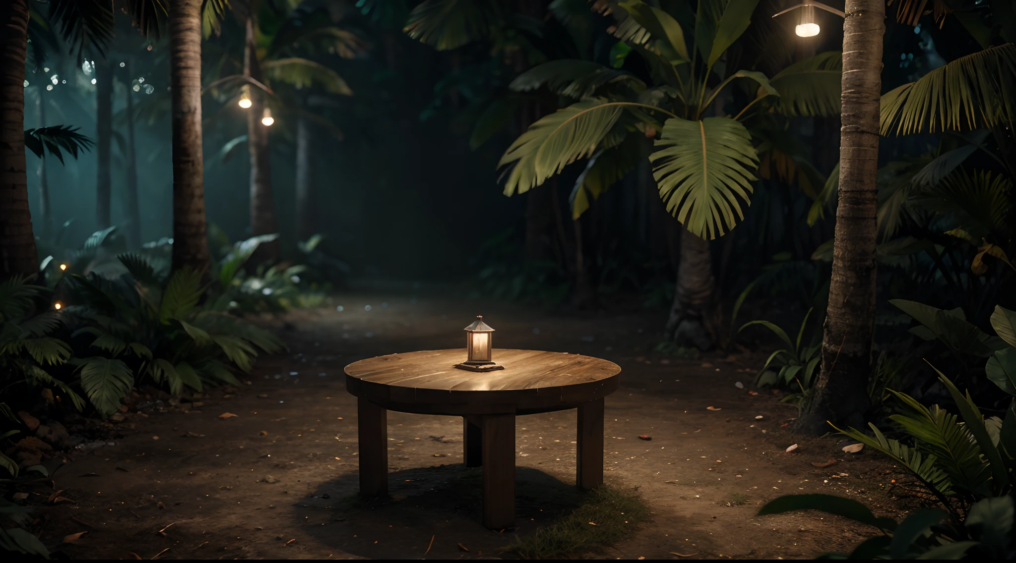 (tropical forest), Atmospheric Oliva lighting, On a table, 4K Ultra HD, Dark vibes, ultra - detailed, Bright colors tropical forest background, Epic composition, rendering by octane, Sharp focus, High-resolution isometric drawing