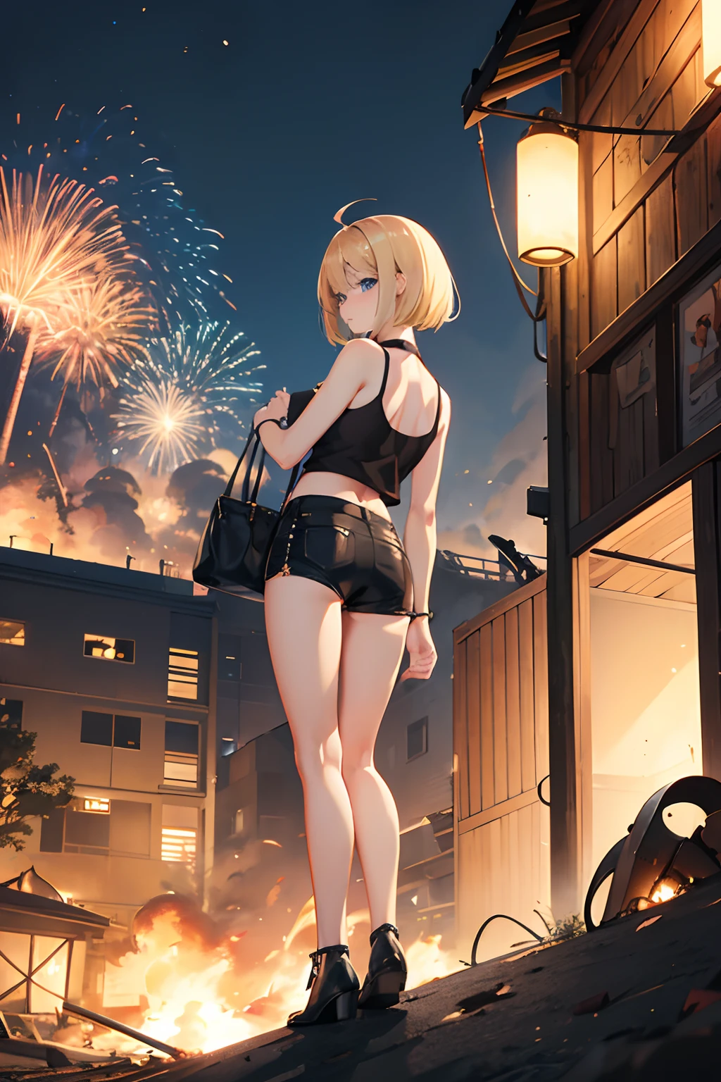 during night、Explosions and flames at an airbase、fence、Exploding buildings、Show your ass and turn around、cute blonde girl、cute face、elegant sleek smooth body、full body Esbian、Short bob hair、a blond、blue eyes、Black tank top、sexy black shorts、Wearing black shorts