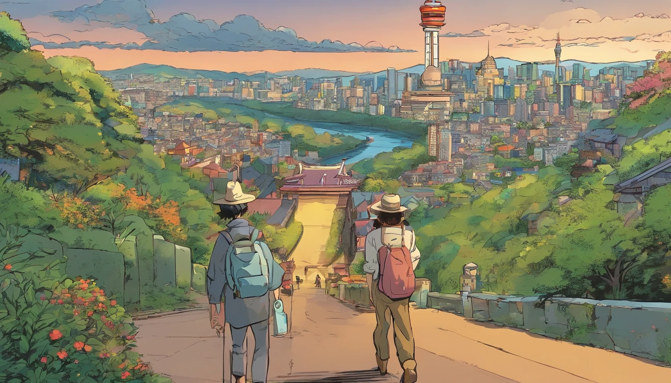 Two men and two women wandering the hills listening to music. The hours are from 6 p.m. to midnight, The art style is that of Ghibli Studios,You can see Tokyo Tower,In front of it you can see the river and the mountains