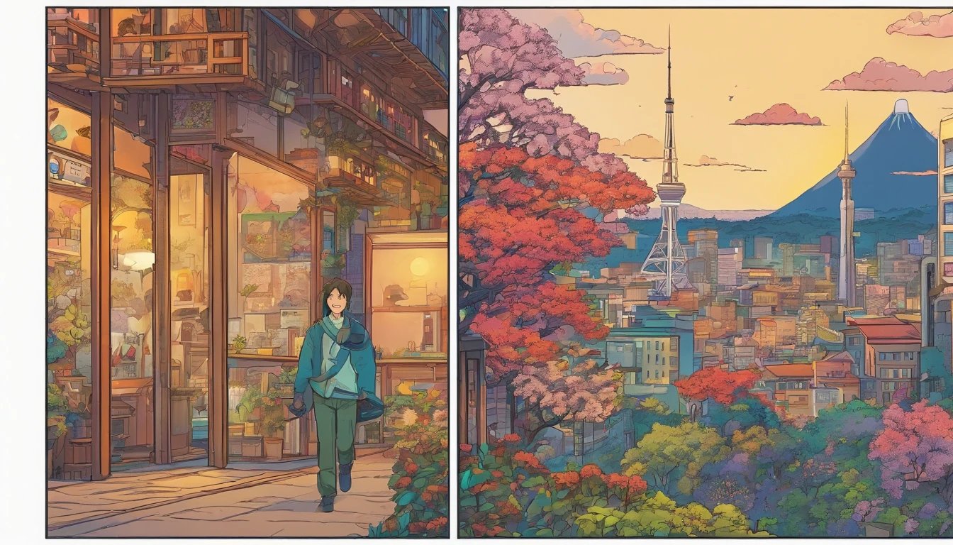 Two men and two women wandering the hills listening to music. The hours are from 6 p.m. to midnight, The art style is that of Ghibli Studios,You can see Tokyo Tower,In front of it you can see the river and the mountains