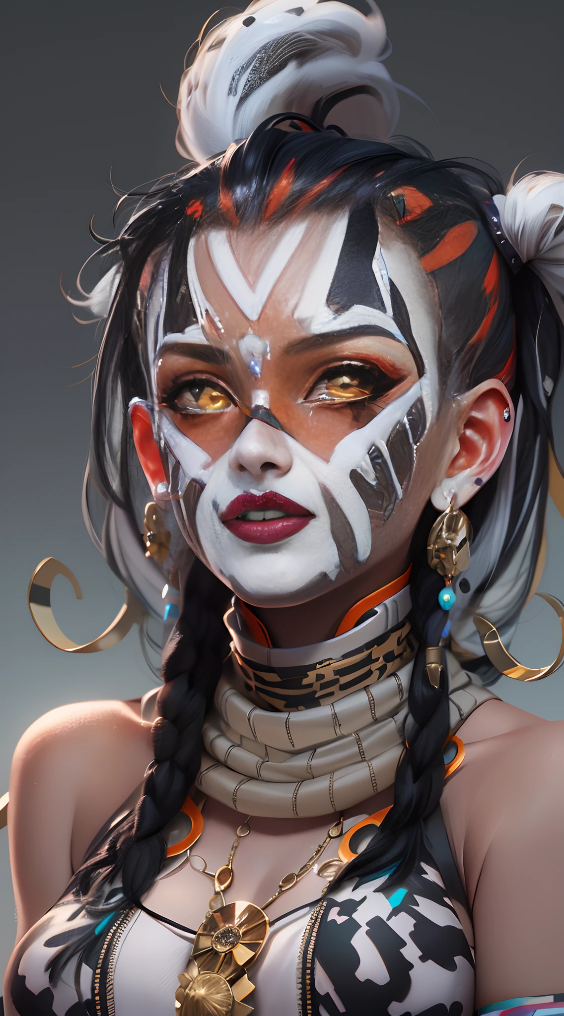 ((Oak,Oak girl)),((((Black)))),((Pointed Ears)),((Black Hair,Messy Hair,short hair,Side shave:1.4,Diagonal lock,Braiding)),Conceit,(Tomboy),((Athletic ability)),((Muscular:1.5)),((Toned body)),((Large Breasts:1.5)),(((yellow_eye:1.3))),complicated eye,beautiful detailed eye,symmetrical eye,big eye:1.5,((((Sunburn,Dark Skin:1.5,Dark Skin:1.5,Dark skin_woman,Ebony peel,Shiny skin:1.5,Light Skin: 1.5,Shiny skin,very Shiny skin,Shiny body)))),(Spider&#39;s underbelly,Tight waist,Wide Hips,Athletic ability body,Swollen legs,Thick thighs,Detailed body,(Detailed face)),((Muscular legs,Muscular thighs,Muscular girl,strong and Muscular,Muscular,feminine and Muscular,Huge physique,tall,Very tall girl,(Abdominal muscles:1.1))),woman Oak,Oakのwoman,Strong physique,fit,((Arm Muscles,Leg muscles)),(Bulky:1.2)),(((tooth:1.5))),((prominent tooth protruding from their jaws)),((Wide, flat nose)),((The facial expression is usually intense and wild.)),

anger,cute,Lewd,Fascinating,erotic,(((Browsing Caution))),

((chain)),(Earrings),(Loincloth),(Exposed navel),(((elaborate and complicated tattoo,Tribal Tattoos))),((Tribal costume:1.5)),(Barbarian fur crop top),(Wearing brown fur or leather),(Leather Strap),(((His whole body is covered in red war paint.)))),((complicated outfit,complicated clothes)),

(Dynamic pose:1.0),(Centered,Scale to fit dimensions,Three-part method),

((battlefield)),With dark storm clouds,scenery:1.25,complicated scenery,((battlefield background)),

(Shiny tribal ornaments),High resolution,Sharp focus,(Super detailed,Very detailed),(Photorealistic artwork:1.37),(Very detailed CG unity 8k wallpaper),(((Vibrant colors,Vibrant Themes))),(complicated),(masterpiece),(Highest quality),Artistic photography,(Photography by sldr),(complicated background),perfectly rendered face,Perfect facial details,Realistic Face,Photo Real,((complicated detail)),(((realism))),
