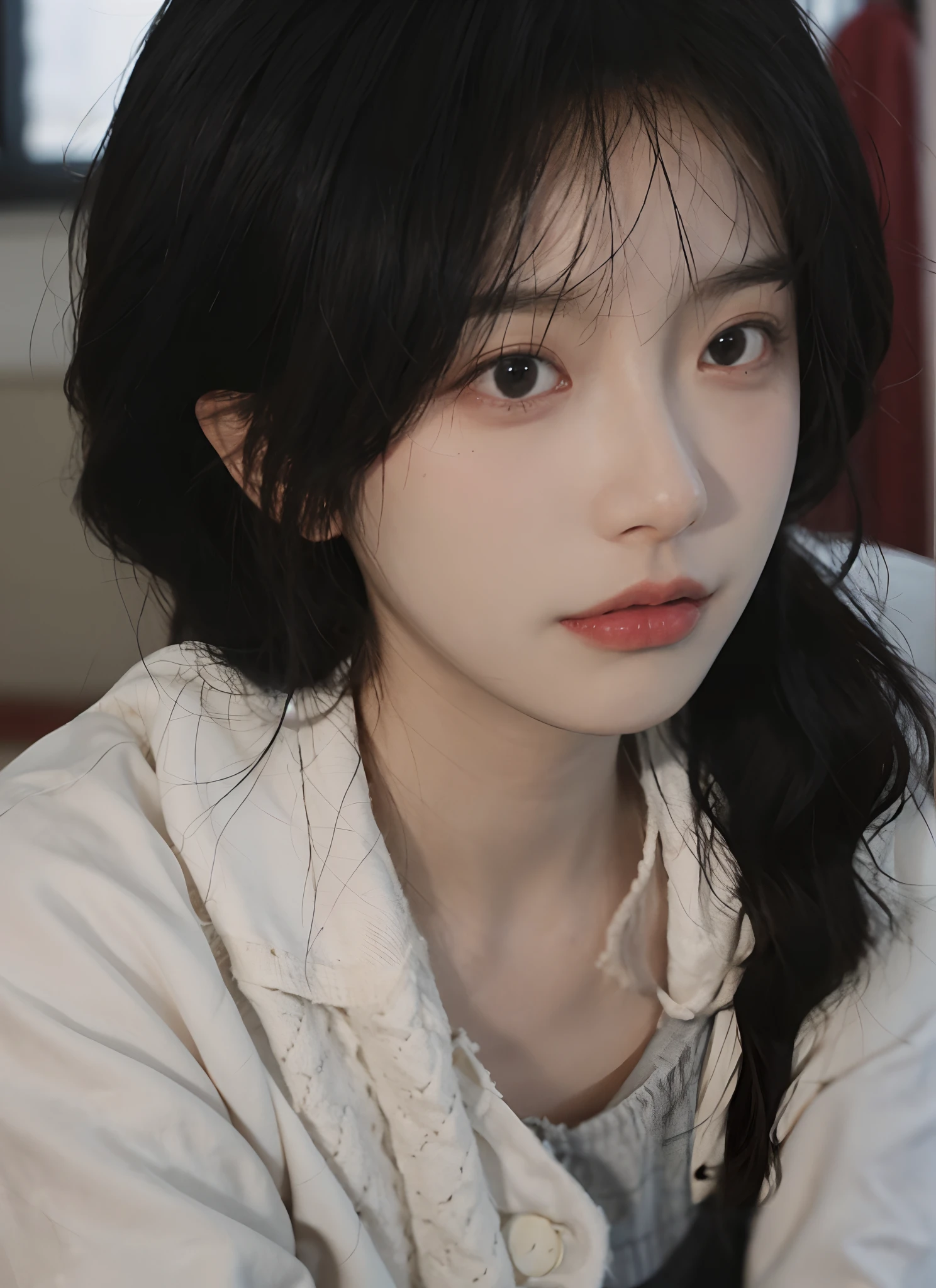 best qualtiy, 超高分辨率, (realisticlying:1.4),A woman with long black hair and a gray sweater, Soft portrait shot 8 K, pale round face, She has black hair,By bangs, young lovely Korean faces, wan adorable korean face, ulzzangs, Shin Jinying, beautiful aesthetic face, Korean face features, soft round face, iu lee ji-eun as a super villain, Beautiful realistic face