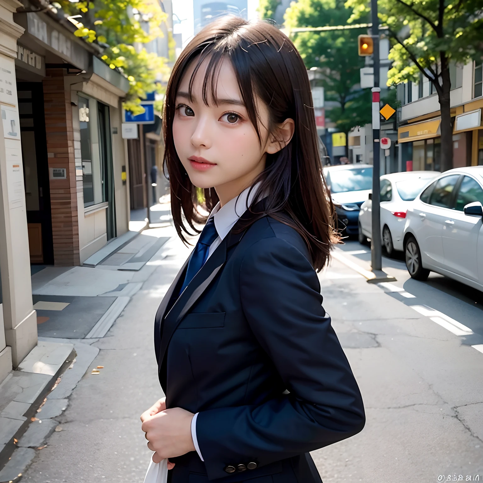 (masutepiece, Best Quality:1.2), 8K, Official art, Full body photo, full body Esbian、Emma fastening her tie.Back angle、turned around、cute butt、Suits、Embarrassing black hair、14years、small tits、A delightful、A smile、unbelievable Ridiculous, (Upper body, Dark blue suit:Cute Tie 1.4), Beautiful Girl, Pretty Face, arching back down, cute butt、Gold hair ornament on hair、Wearing a cute suit、close up, Wearing a suit, Short sleeve, gardenia, violaceaess, Teen, Street, Looking at Viewer, Film grain, chromatic abberation, Sharp Focus, face lights, Dynamic lighting, Cinematic lighting, Eyes and faces with detailed, Bokeh background, (Tie with Emma written on it、1 copy:1.2)