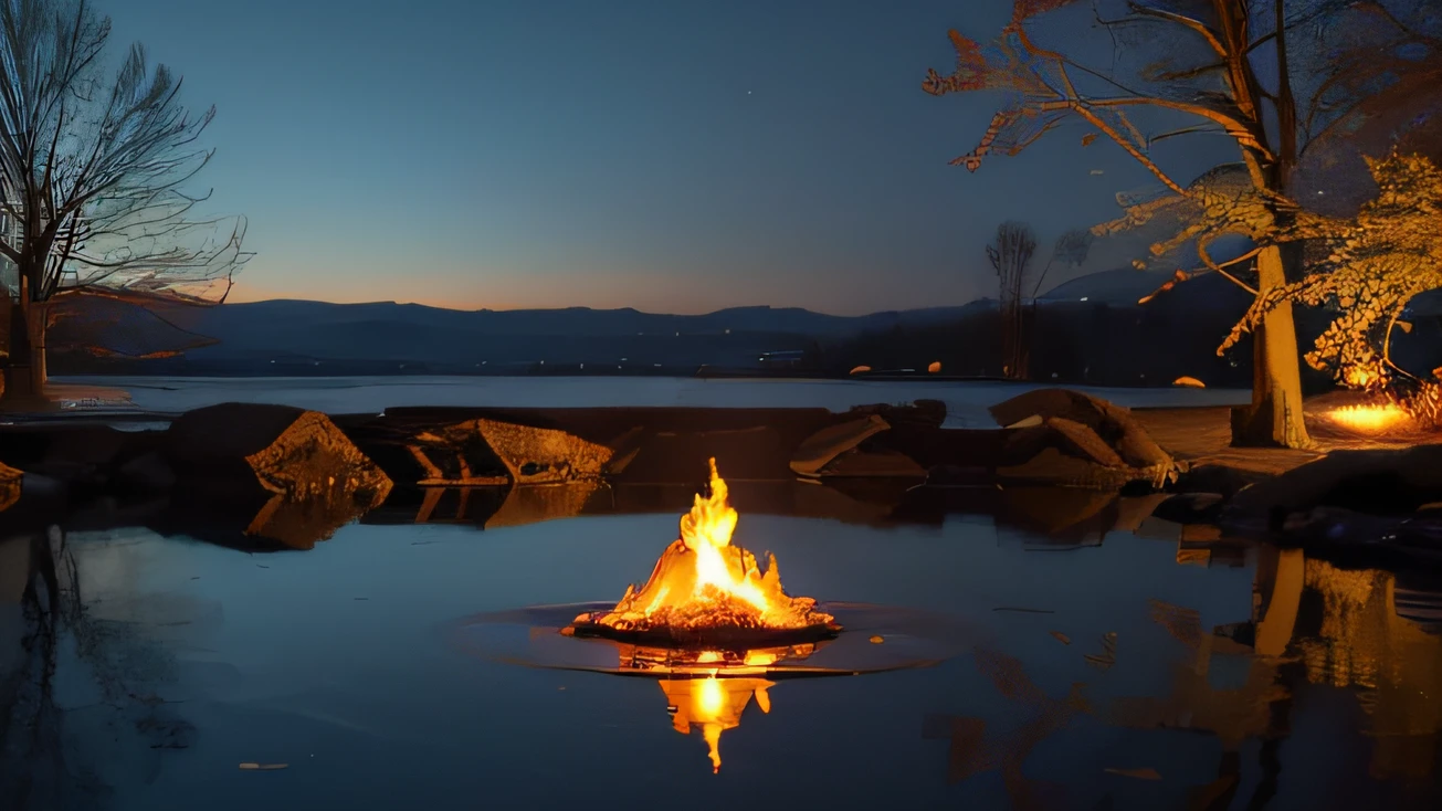 A flame that burns in water , Fire reflection, Burning water, fire and water, bathed in the the glow of a fire, fire lit, Winter solstice fire, serene evening atmosphere, beautiful fire, luminous fire halo, fiery flames, Warm and calm, summer setting, Lonely atmosphere, Fire, fire light, Orange flame in the background