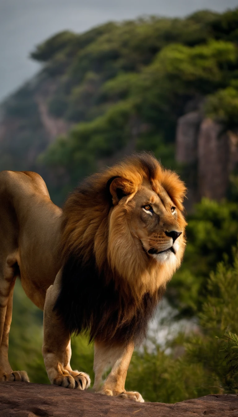 African male lion, full bodyesbian, Roar from the edge of a cliff,