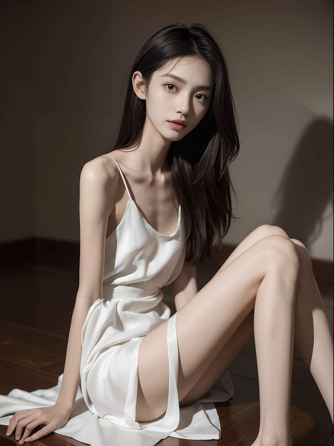 (Photorealistic),(Masterpiece),(ultra-detailed),a very pretty 20 year old girl who has not eaten for 10 years, extremely thin and frail, arm and legs extremely thin as a stick with no fat, extremely malnourished,smiling faintly, feeling but enduring extreme hunger, wearing a long and loose white silk dress, long hair,big eyes, extremely small face,have no fat,extremely weak,whole body,extremely feeble,sitting,legs and thighs extremely thin as arms,have almost no energy because she is extremely starving and malnourished, struggling to sit up,verge of starving to death,just skin on bones