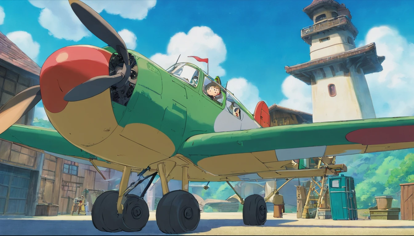 A man taking a selfie and behind him is a propeller plane in front of a hangar. ele usa smartphone galaxy S23 ultra.A imagem deve estar em 4K, no estilo de desenho animado 3D da Pixar, capturando recursos realistas e cativantes, mantendo o apelo visual.