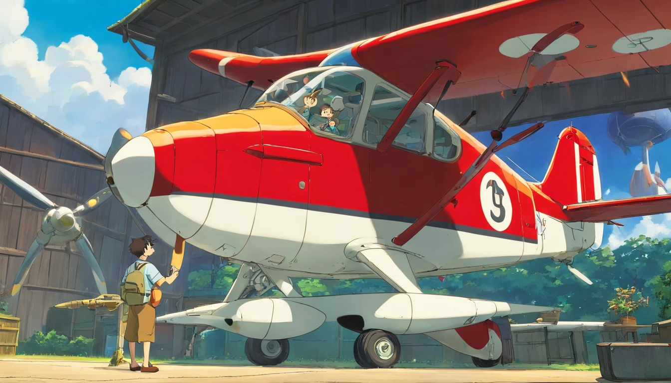 A man taking a selfie and behind him is a propeller plane in front of a hangar. ele usa smartphone galaxy S23 ultra.A imagem deve estar em 4K, no estilo de desenho animado 3D da Pixar, capturando recursos realistas e cativantes, mantendo o apelo visual.