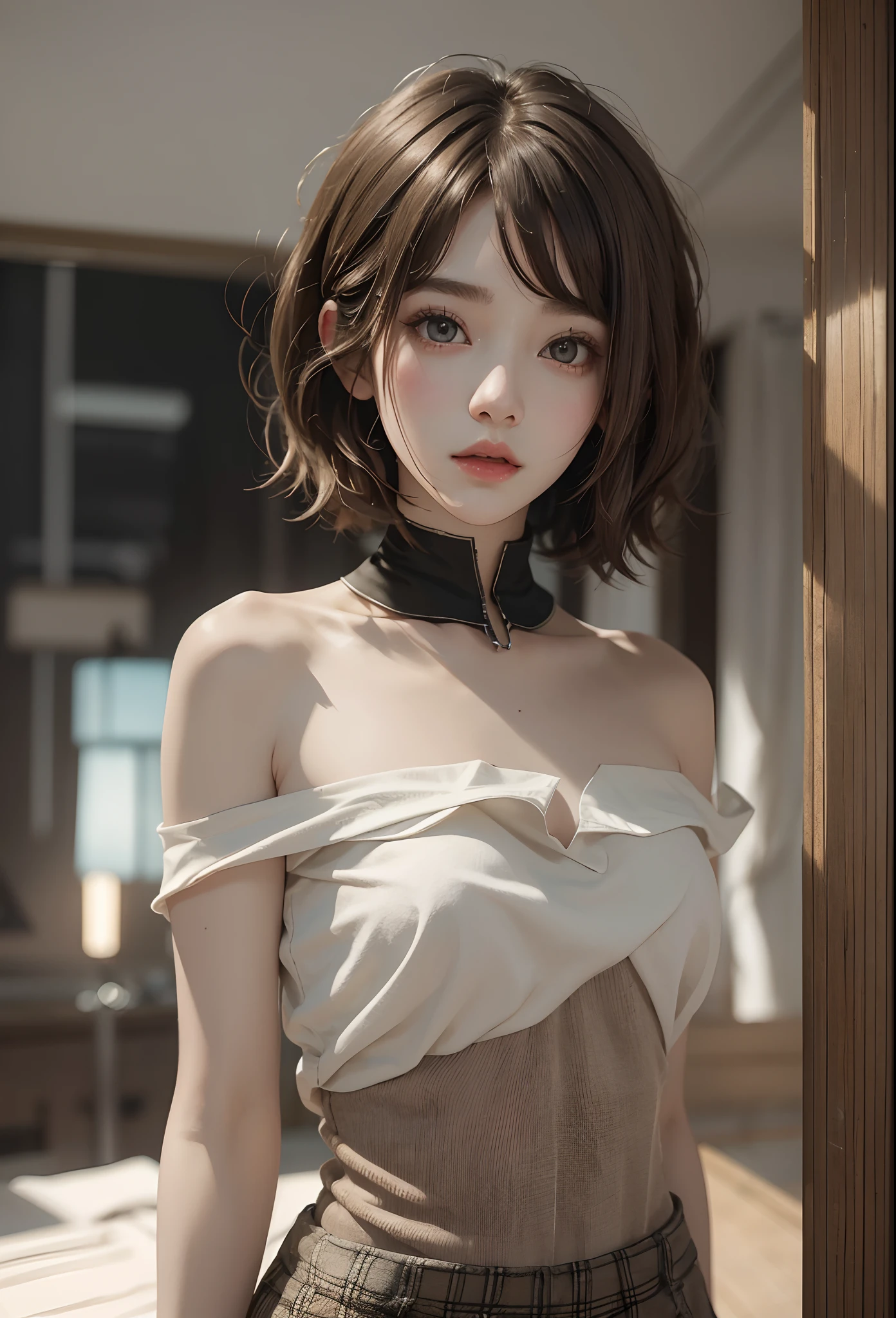 girl with,kawaii,slenderbody,An ultra-high picture quality,Short Bob Hair Wolf Cut,Brown hair,Ultra-delicate images,8k,Masterpiece,dishevled hair,Beautiful face,