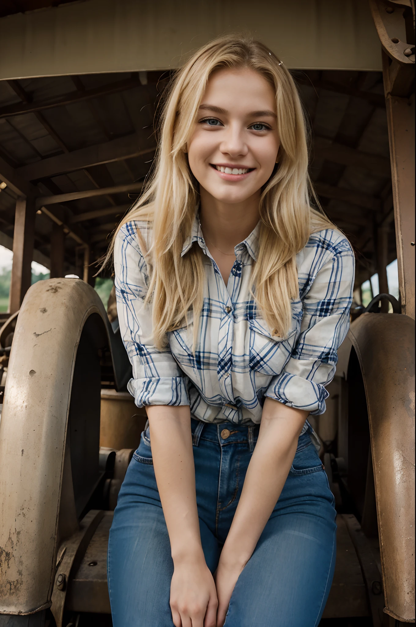 A beautiful young 20-year-old blonde woman with layered straight blond hair wears a plaid flannel shirt with rolled-up sleeves and jeans, she sits on a tractor and smiles at the camera, there is a farm in the background, es ist herrlicher Sonnenuntergang