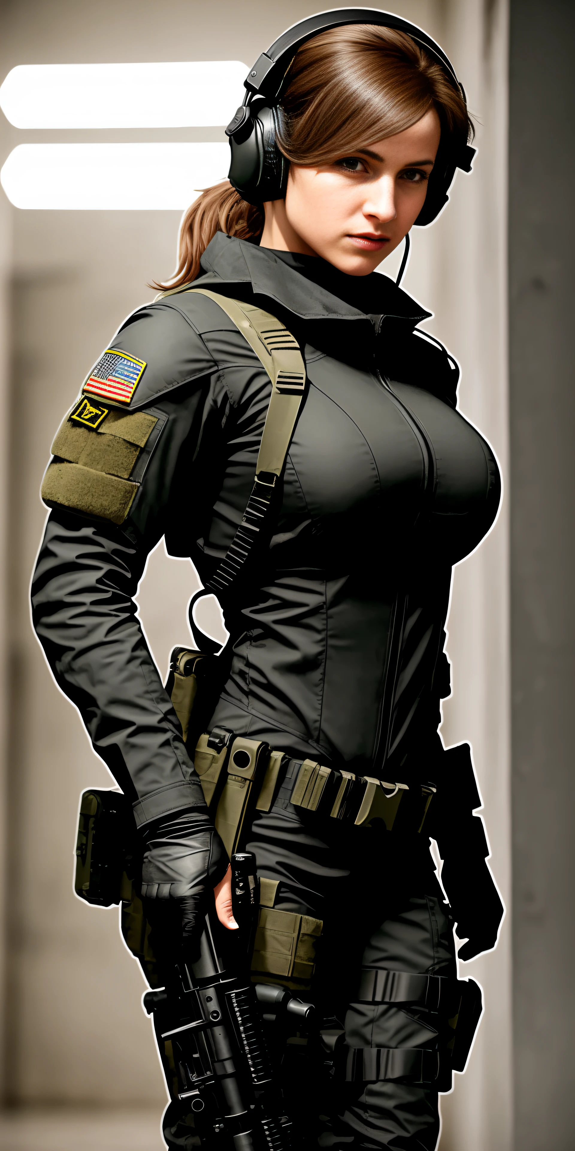 a woman in a black outfit holding a rifle and wearing headphones, soldier girl, big ass, deep cleavage, mechanized soldier girl, military girl, beautiful female soldier, female lead character, infantry girl, of a sniper girl in war, solo female character, future combat gear, close up half body shot, quiet from metal gear solid v, wearing tactical gear, dressed in tactical armor