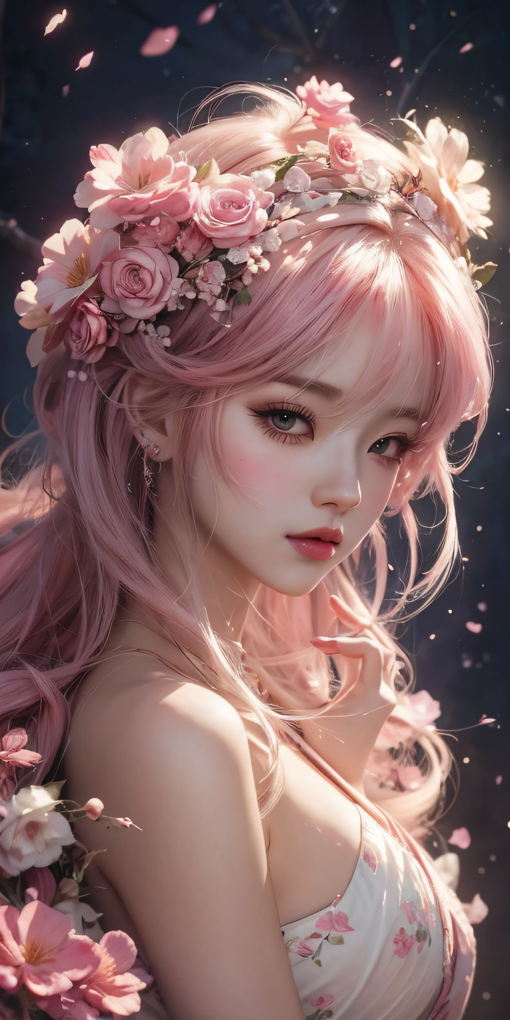 a woman with a flower crown on her head and pink hair, guweiz, beautiful anime portrait, artwork in the style of guweiz, stunning anime face portrait, detailed digital anime art, beautiful anime girl, guweiz on pixiv artstation, digital anime art, portrait anime girl, anime style 4 k, 🌺 cgsociety