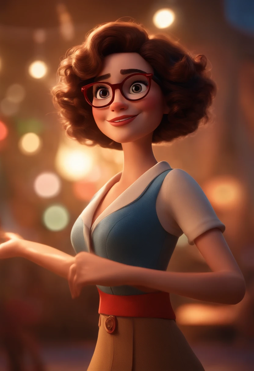 NSFW. Pixar style image with 3D character white glasses nude brunette woman short curly hair dancing, Maquiagem Disney,fofo, adolable, sorridente ,Close-up, Pixar, Disney, Cinema lighting,