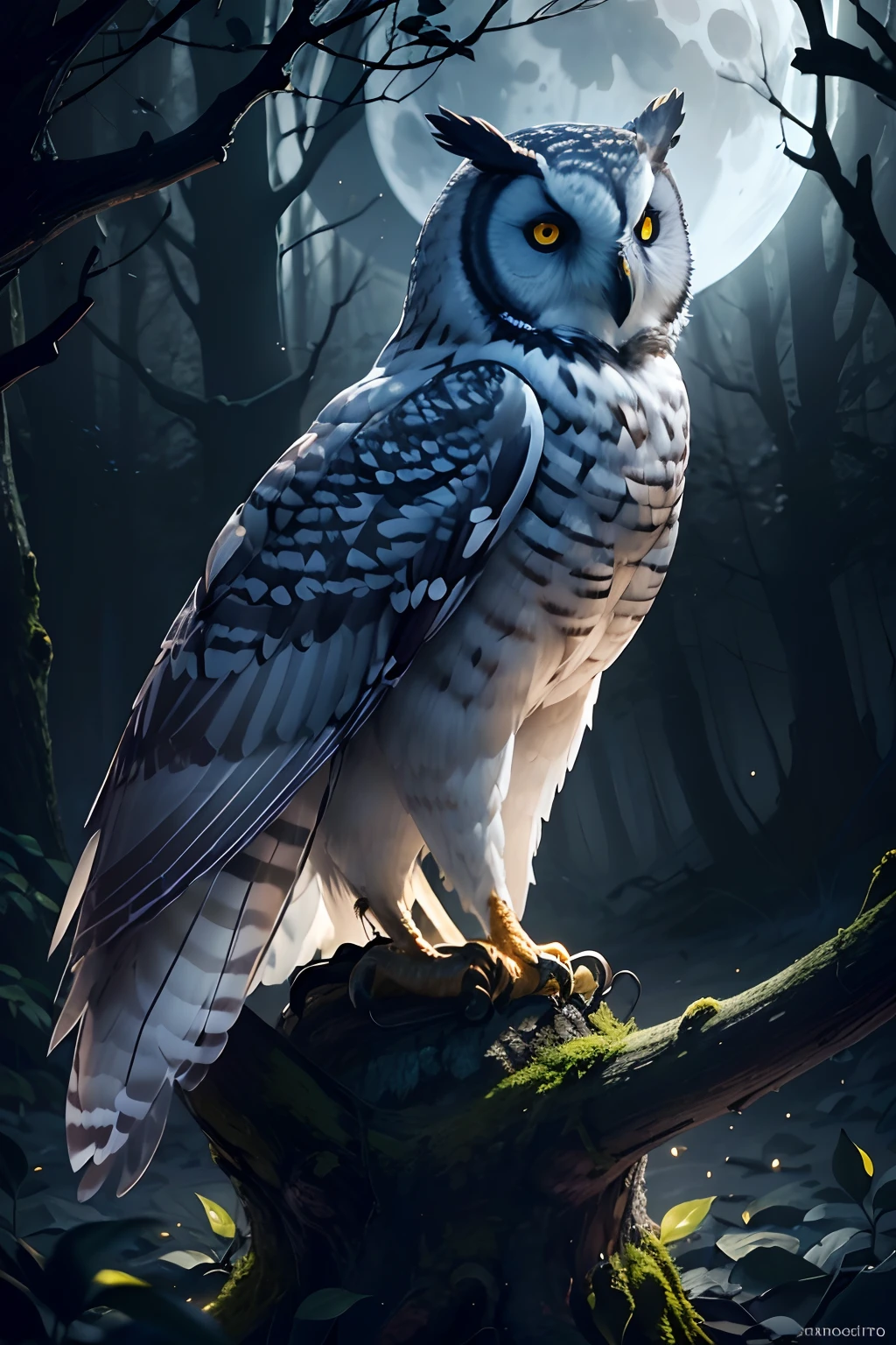 A moonlit forest with a serene atmosphere, a winding path through the woods, an owl sitting on a branch, the gentle glow of moonlight illuminating the surroundings, and the night sky adorned with twinkling stars. (best quality, highres, ultra-detailed), (realistic, photorealistic:1.37) art, detailed owl, detailed moon, peaceful and tranquil, dark color tones, soft lighting.