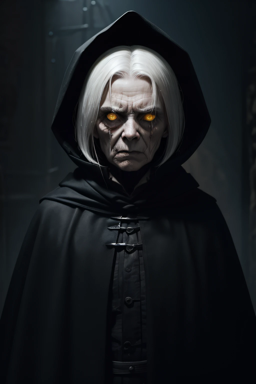 Very old woman, It looks like a corpse, Half of his face was deformed, Angry look, short white-hair, Pale wrinkled skin, yellow pupils, Curved posture, Piercings and evil gaze, Long black cloak, ripped clothing, Crow's feather cloak on the back, The left side of the body is covered with a bandage and hood, Dark place, Horror, terror, terrifying, suspenseful, wondrous, Horror movie