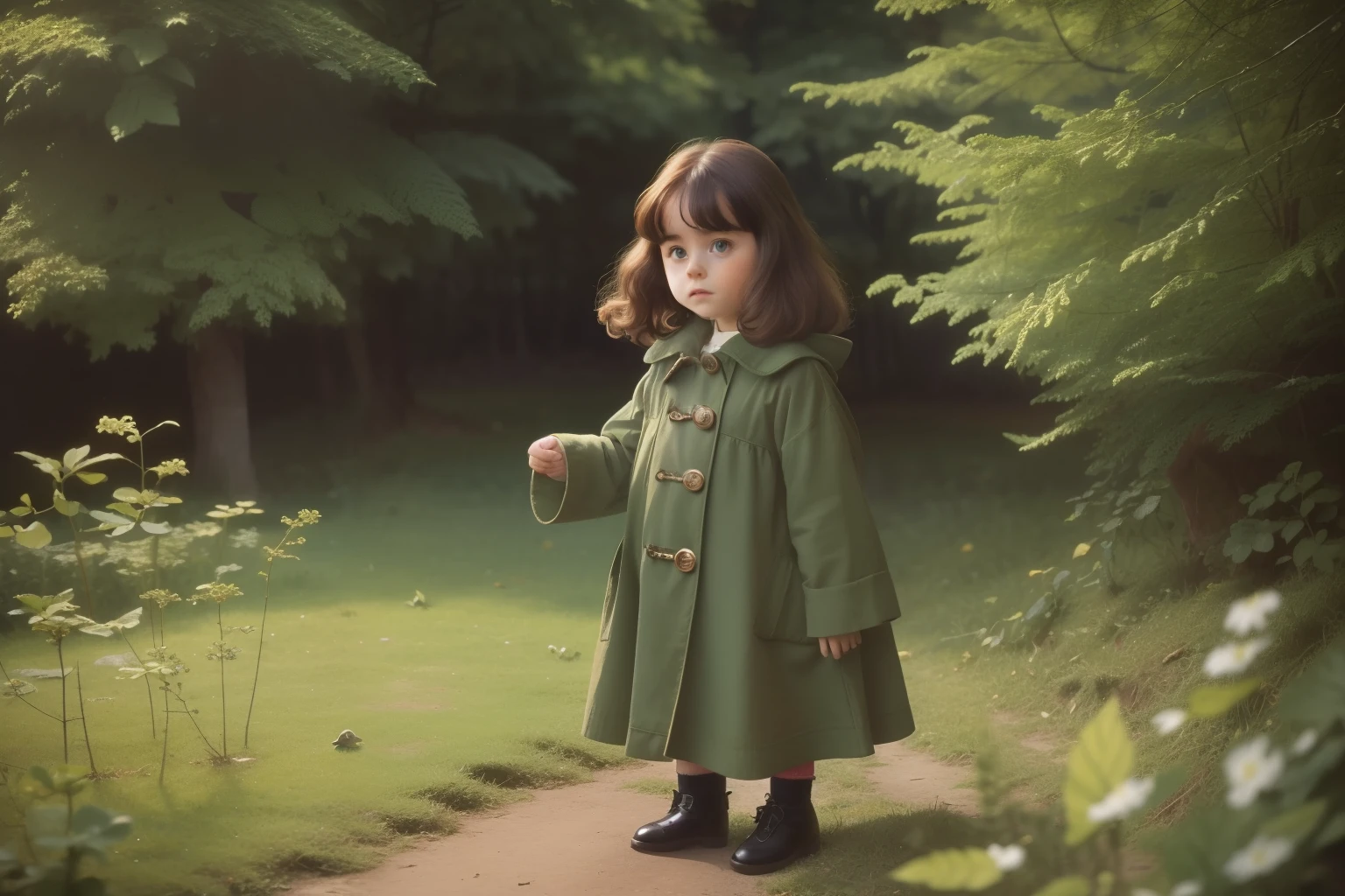 year: 1974. Location: Germany. Pre-Raphaelite  girl, oversized coat, turtle, Michael Ende's Momo,  ((((Clothing from the 1970s)))) ((Hairstyle of the 1970s)), ((("OMITB" cinematography)))