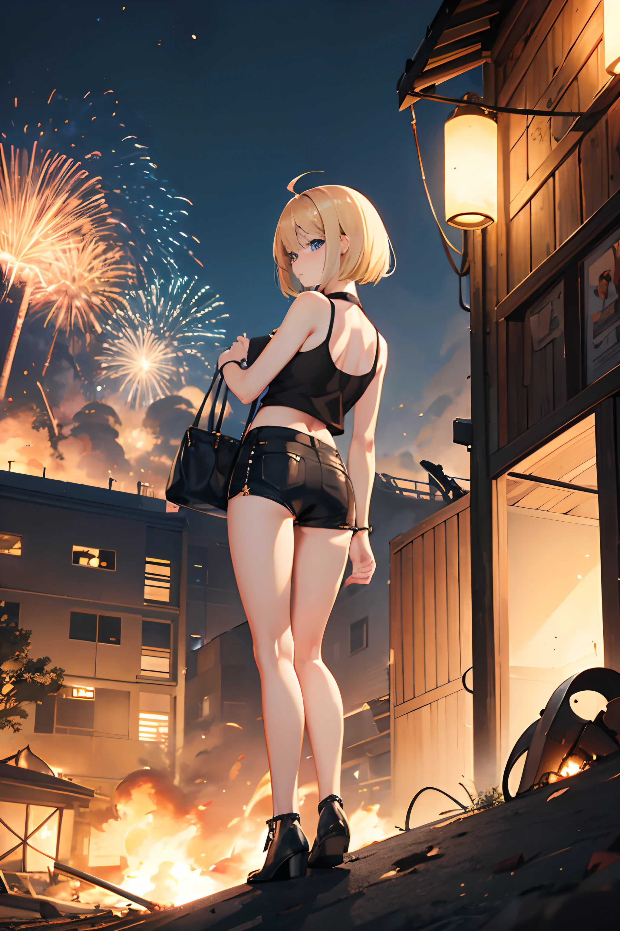 at night、Explosion and fire at air base、Black smoke、fence、Exploding buildings、Turn around and show me your ass、Cute Blonde Girl、Cute face、Elegant and smooth body、Whole Body Ezbian、Short Bob Hair、Blonde、blue eyes、Black navel tank top、Sexy black shorts、Wearing black shorts