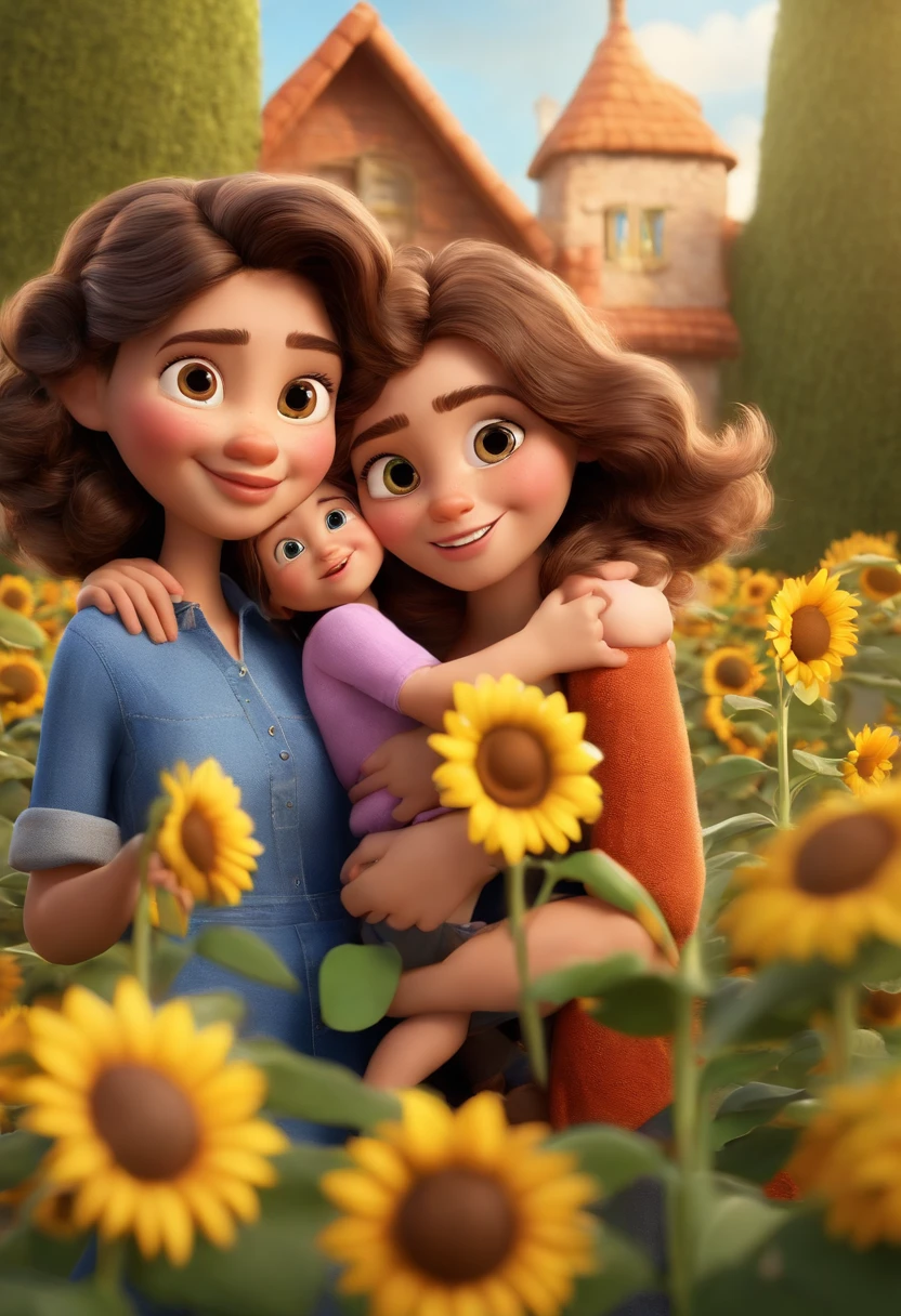 Create a Disney PIXAR-style 3D poster. ((centro da imagem, Triplets)), ((2 ********)) ((1 menina no meio e 1 menina ao lado, They're hugging each other, a menina tem pele clara e cabelos loiros  e olhos castanhos claros, 1 menina tem pele clara, olhos claros e cabelo loiro e cacheados)) ((tudo isso no estilo Disney PIXAR 3D, In the background, A house of sunflowers, Gloria Studio, The garden is full of nature 3D render RTX clay material, estilo de design cartunesco, POP Mart, soft lighting, linhas suaves, Spring tilt, Detailed illustrations of PIXAR 3D, Detalhes hiper-realistas, cor quente no estilo Disney PIXAR 3D))