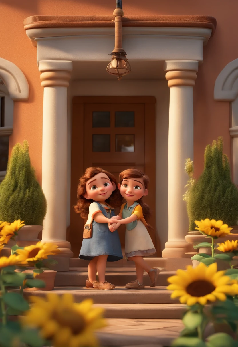 Create a Disney PIXAR-style 3D poster. ((centro da imagem, Triplets)), ((2 children)) ((1 menina no meio e 1 menina ao lado, They're hugging each other, a menina tem pele clara e cabelos loiros e olhos castanhos claros, 1 menina tem pele clara, olhos claros e cabelo loiro e cacheados)) ((tudo isso no estilo Disney PIXAR 3D, In the background, A house of sunflowers, Gloria Studio, The garden is full of nature 3D render RTX clay material, estilo de design cartunesco, POP Mart, soft lighting, linhas suaves, Spring tilt, Detailed illustrations of PIXAR 3D, Detalhes hiper-realistas, cor quente no estilo Disney PIXAR 3D))