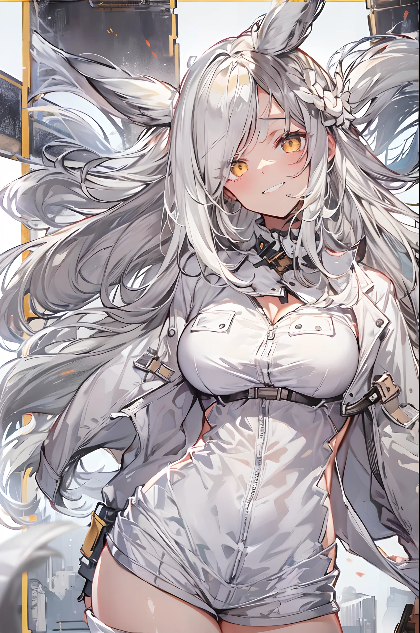 1girl, {solo}, upper body ,{{ {looking at viewer}}}, arm at side, concept art, white background, simple background, white hair, silver gradiient hair , complex cloth, asymmetrical clothes, virtual youtuber, best quality, masterpiece, dynamic angle, guilty gear, guilty gear, guilty gear, cowboy_shot, looking_back, grabbing, girl,woman,female, young,20 years old, very long hair, flipped hair, silver hair, flowing hair, ahoge, smirk, beautiful and delicate golden eyes, teeth, medium_breasts, blonde eyes, white skin, coat, hoodie, black_shorts, grey Clothes, transparent_background, backlighting, absurdres, highres, ultra detailed,