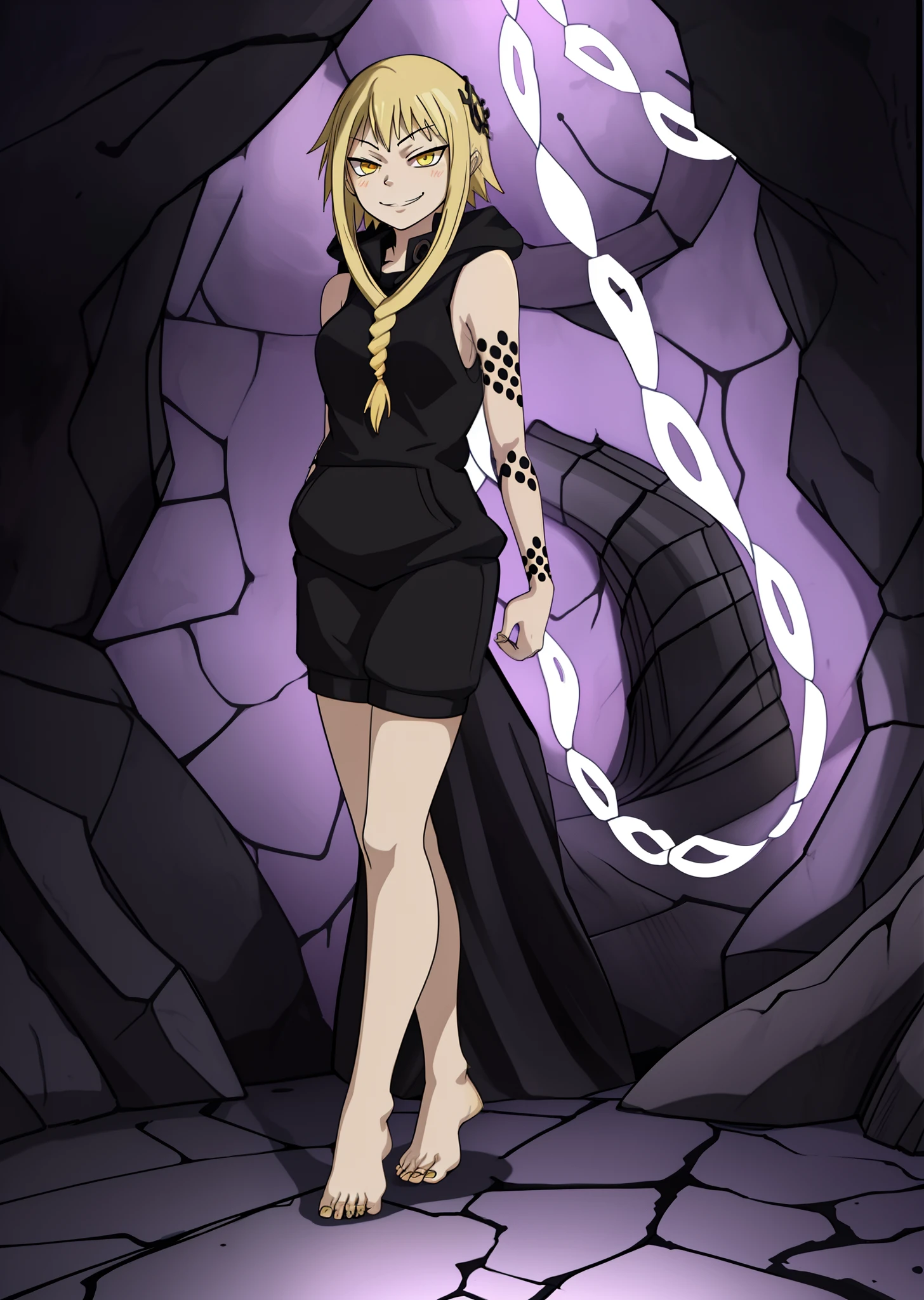 [medusa gorgon], [soul eater], [Uploaded to rule34.xxx; (kingmaster), (shosho_oekaki), (neko****sama)], ((masterpiece)), ((HD)), ((detailed shading)), ((1girl)), ((solo portrait)), ((front view)), ((full body)), ((feet visible)), ((cute anime girl)), {(athletic figure), (blonde noose hair), (cute yellow eyes), (half-closed eyes), (gorgeous hips), (beautiful feet), (smug grin)}, {(black sleeveless hoodie)}, {(standing), (looking at viewer)}, [background; (cave), (nighttime), (dark lighting), (ambient lighting)]