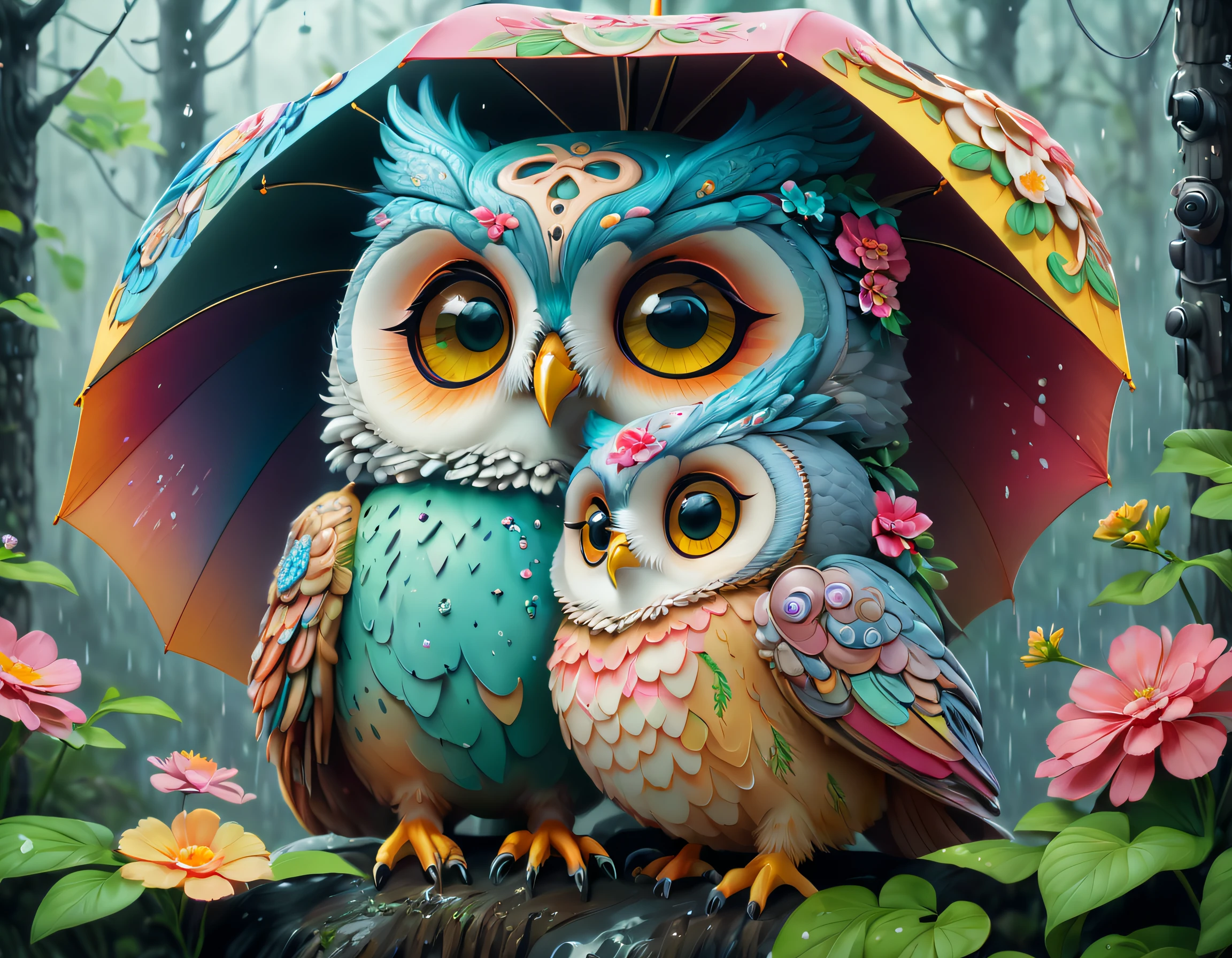 （Paint colorful mother owl and baby owl baby with flowers），（A large umbrella），（Mother owl holding an umbrella，Hold her child in her arms：1.37），A caring expression， Background with：（A forest with heavy rain：1.3），（it is raining heavily），
 Cute detailed digital art, lovely digital painting, adorable digital art, Beeple and Jeremiah Ketner, cute owl, cute detailed artwork,cute 3 d render, digital painting highly detailed, cute colorful adorable, highly detailed digital artwork, highly detailed and colored, digital art highly detailed, cute artwork