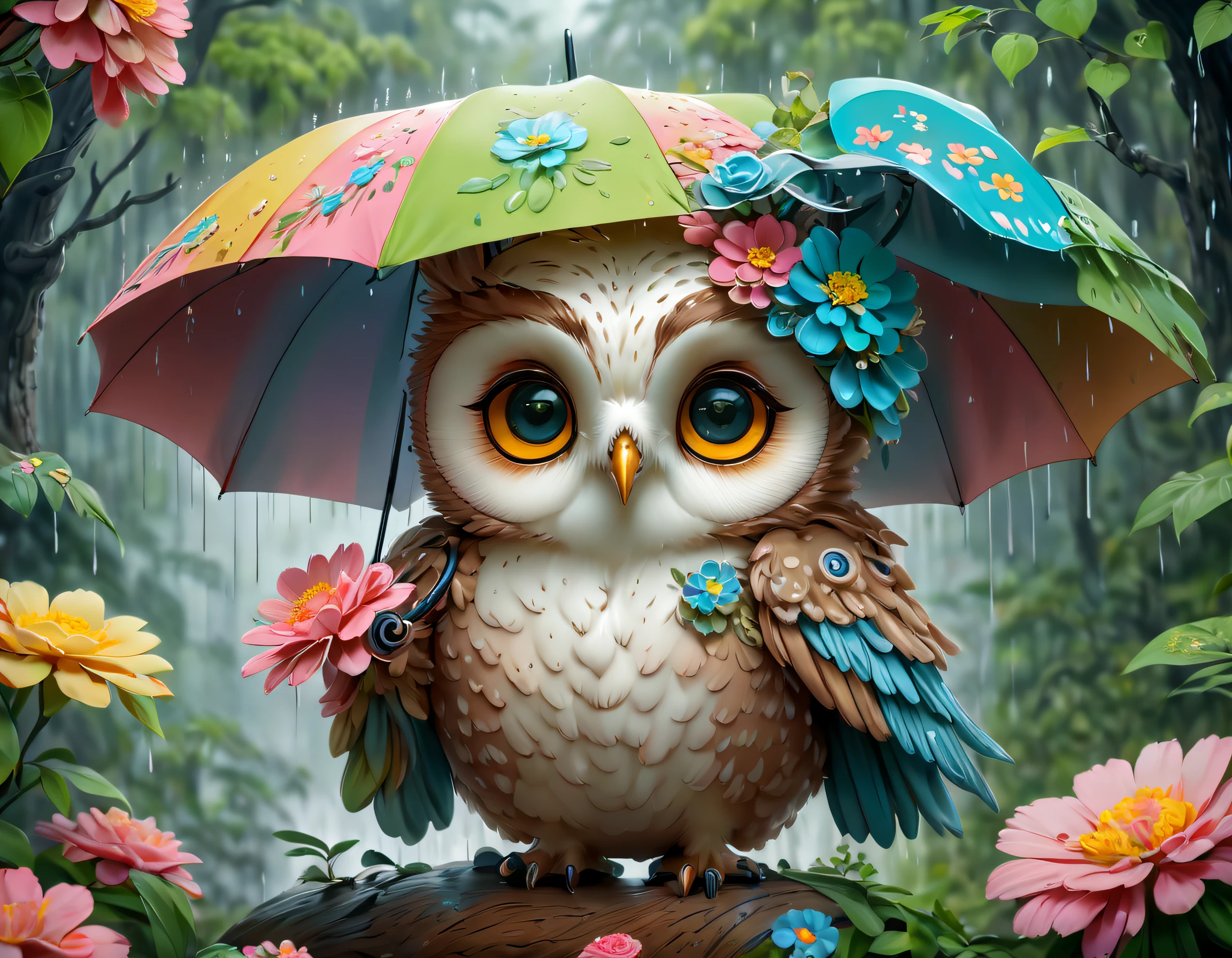 （Paint colorful mother owl and  owl babyh flowers），（A large umbrella），（Mother owl holding an umbrella，Hold her child inarms：1.37），A caring expression， Background with：（A forest with heavy rain：1.3），（it is raining heavily），
 Cute detailed digital art, lovely digital painting, adorable digital art, Beeple and Jeremiah Ketner, cute owl, cute detailed artwork,cute 3 d render, digital painting highly detailed, cute colorful adorable, highly detailed digital artwork, highly detailed and colored, digital art highly detailed, cute artwork