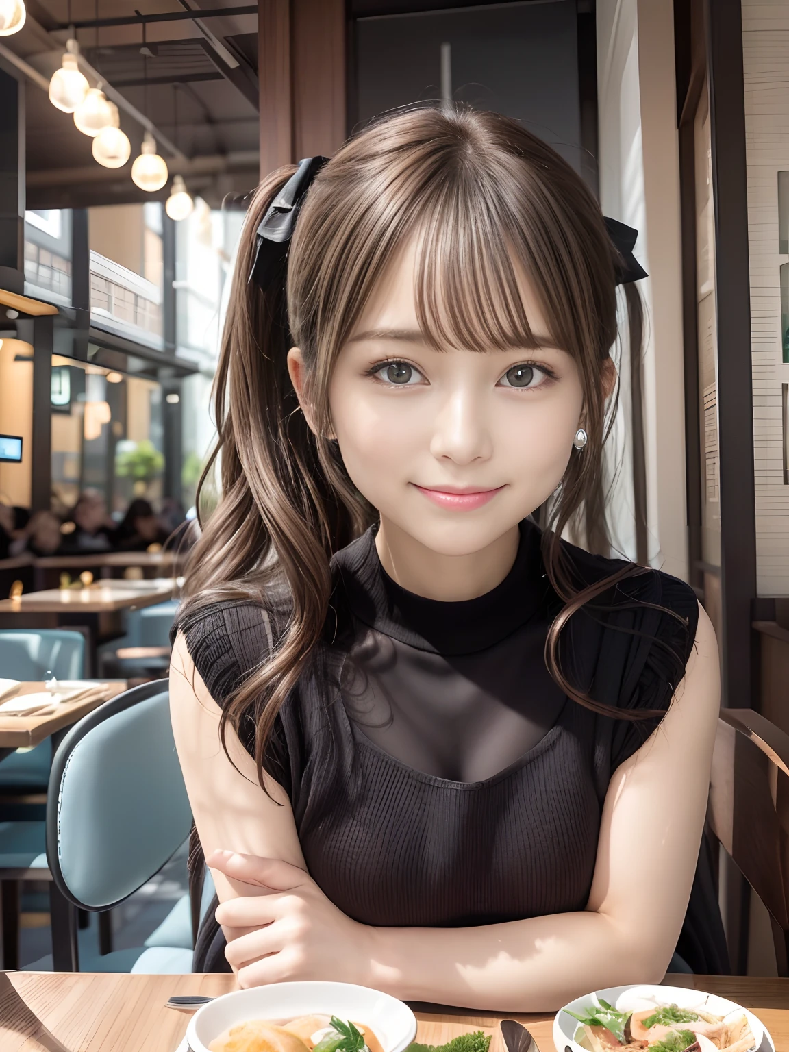(Top image quality,4K,8K,Hi-Res,masuter piece:1.2),Ultra-fine,(realisitic,photoRealstic,Photorealsitic:1.37),portlate,illustratio,Clear background,Hair details,Face Details,Eyes in detail,A smile,Beautiful facial features,cute little、poneyTail,Brown hair,blue eyess,Large ribbon,Vibrant colors,Soft lighting, Tight mini skirt、Dine at a restaurant、sit a chair、