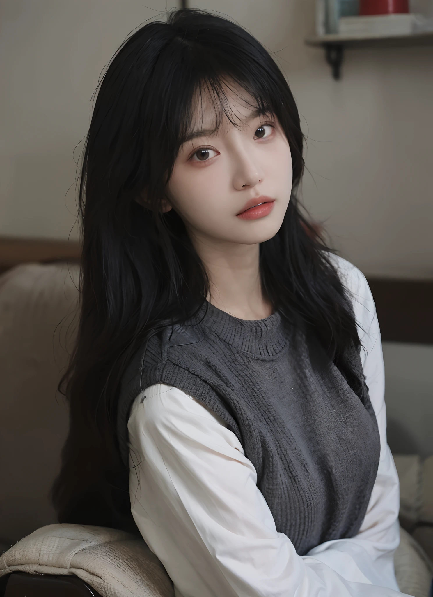 best qualtiy, 超高分辨率, (realisticlying:1.4),A woman with long black hair and a gray sweater, Soft portrait shot 8 K, pale round face, She has black hair,By bangs, young lovely Korean faces, wan adorable korean face, ulzzangs, Shin Jinying, beautiful aesthetic face, Korean face features, soft round face, iu lee ji-eun as a super villain, Beautiful realistic face