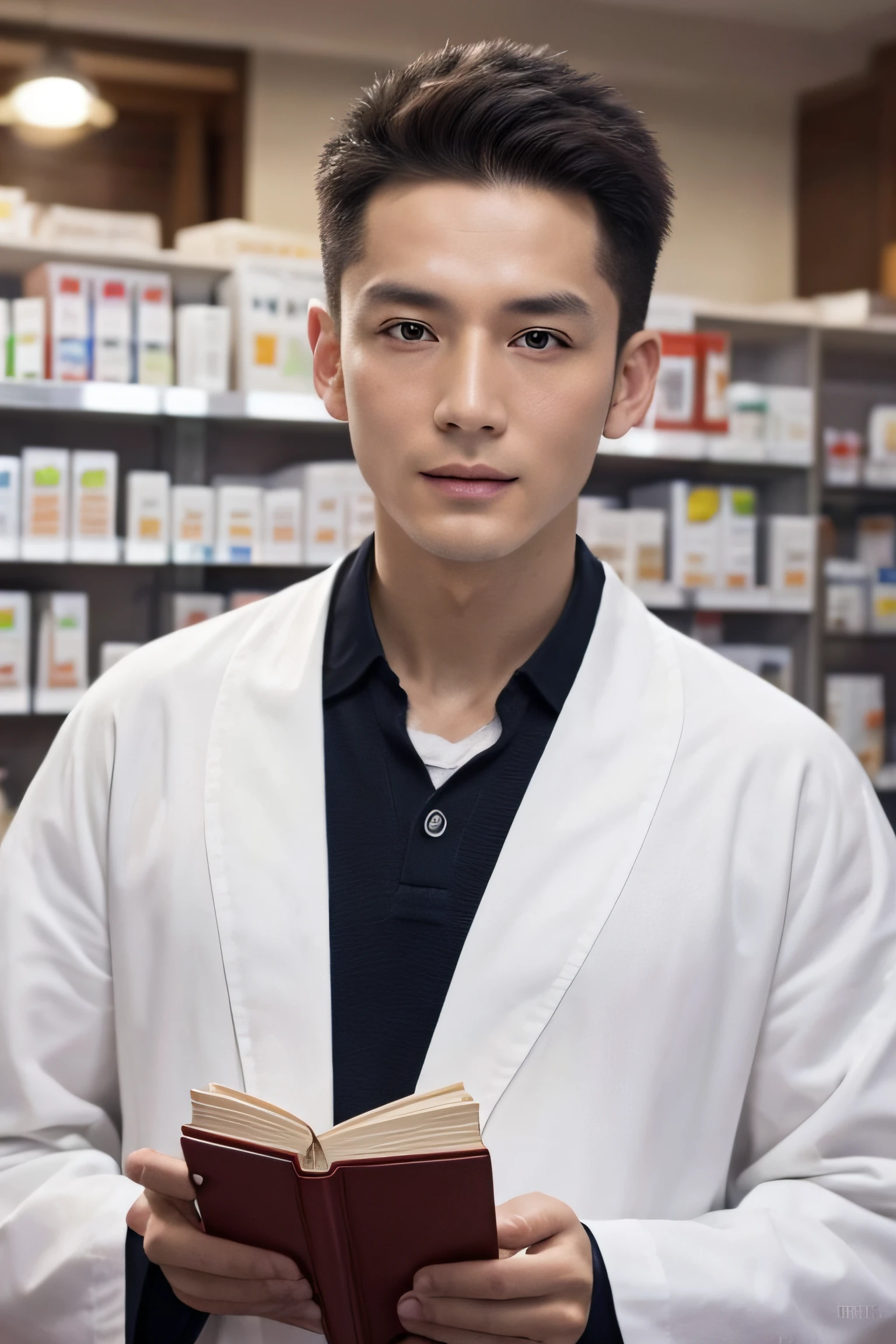 Chinese image，Real frontal photos，Authentic background，Pharmacy background，holding books，Manteau blanc，Face full of wrinkles，TCM image，Wise eyes，young male people