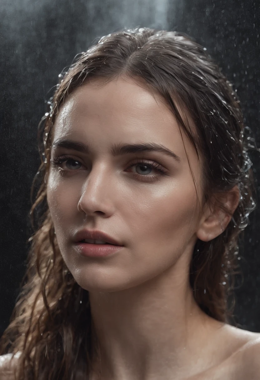 a woman with wet hair and a black background, crying fashion model, photography of albert watson, tears dripping from the eyes, wet dripping hair, awesome and moody, by irakli nadar, tears running down face, 8k artistic portrait photography, rain drops on face, black and white artistic photo, sultry expression, emotive portrait, close up, portrait, macro lens, 100mm 1.8, dramatic pose, award winning portrait, crystal clear, micro-details, eye portrait, shallow depth of fields, topless