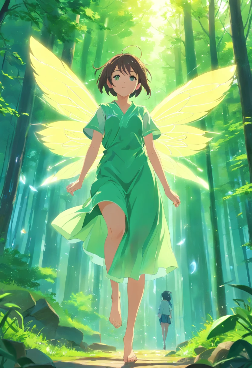 (Masterpiece, Best quality, Ultra-detailed, Best Illustration:1.4), 1 Little Fairy, The wings of the little fairy，(Airflow Maiden:1.1),(See-through:15）afloat,Green wind ，Silk fabric，(refractions,Reflection:1.2) ,  Transparent skin, sunshine day，ln the forest