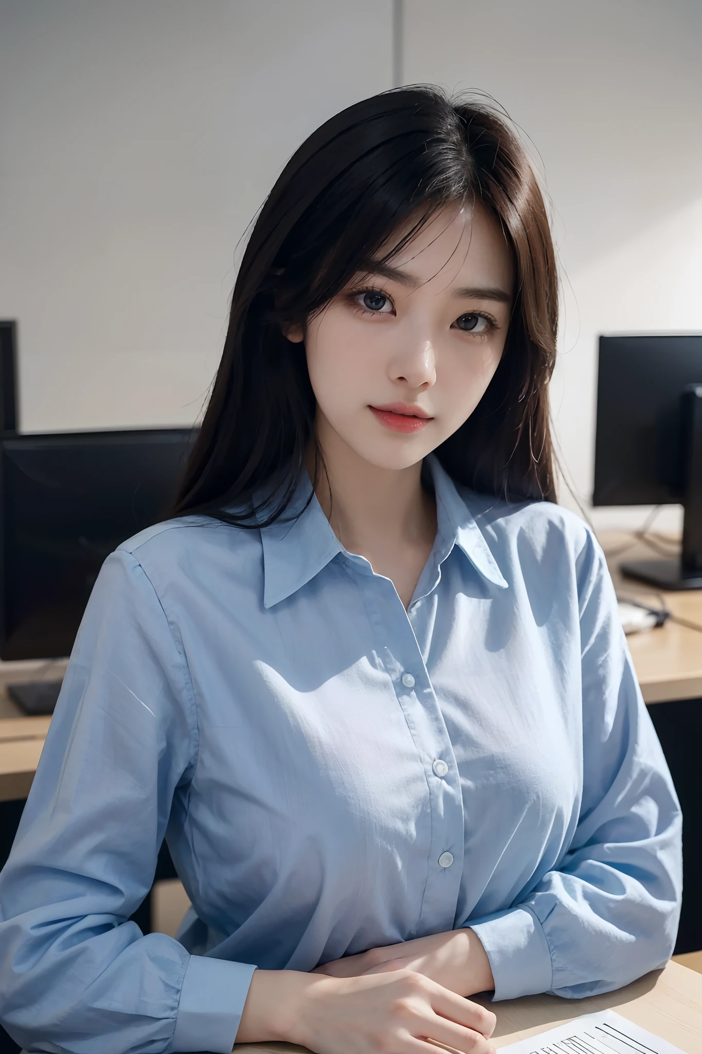 High-res, Realistic portrait of professional korean office lady with perfect skin, Professional suits, Show confidence and maturity, Surrounded by a modern corporate environment, Vibrant and naturally lit highlights. The artwork should emphasize her elegant facial features, Including charming long eyes, Fluttering eyelashes and seductive lips. The scene should be enhanced with elements of professionalism and visual appeal，For example, Stylish work desk, Mainframe computers, High-resolution display, and complex stationery. The overall tone should be warm and professional, Has a soft and natural color palette. The artwork should exude a sense of professionalism, Success, and cultural pride.