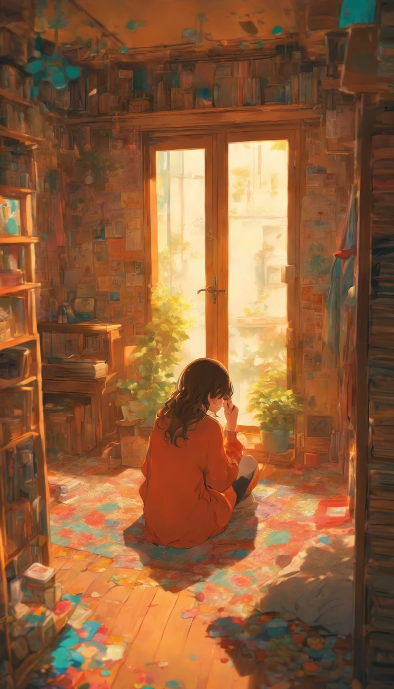A closed room with no windows. The room is cluttered. A cell phone and hand mirror are on the floor. The woman is looking down. Woman cannot see her face. A woman holding her knees on a bed. Fantastic. High quality in every detail.
