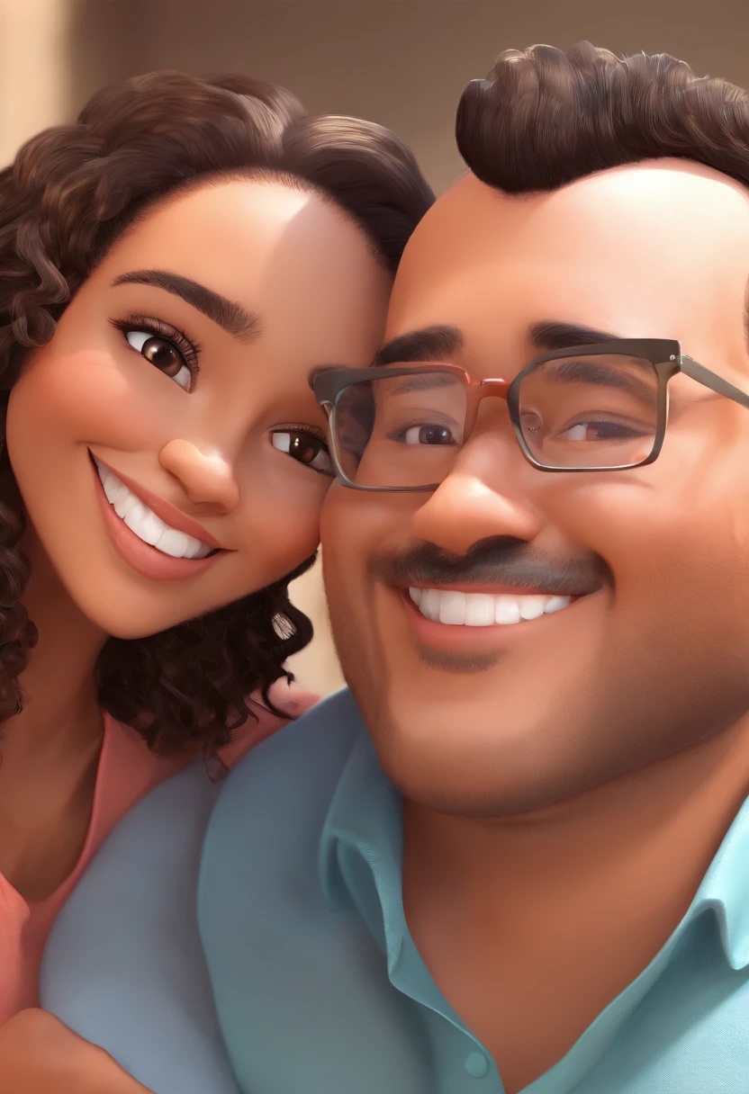 An illustration of an adorable couple, Highlight for a chubby mulatto man with smiling glasses and a brunette woman with beautiful expressive eyes - the man's skin is mulatto and the man's hair has, while the woman's skin is black and the woman's hair is straight and brown. They are a bright room, cada um com um sorriso no rosto, e compartilhar um momento especial caracterizado pelo amor, Insights. Illustrate this scene from a perspective where they are facing the camera, Smiling and Showing Your Connection. Desenvolva esta arte em Full HD, Focus on your cinematic touch, Estilo Disney Pixar Animations