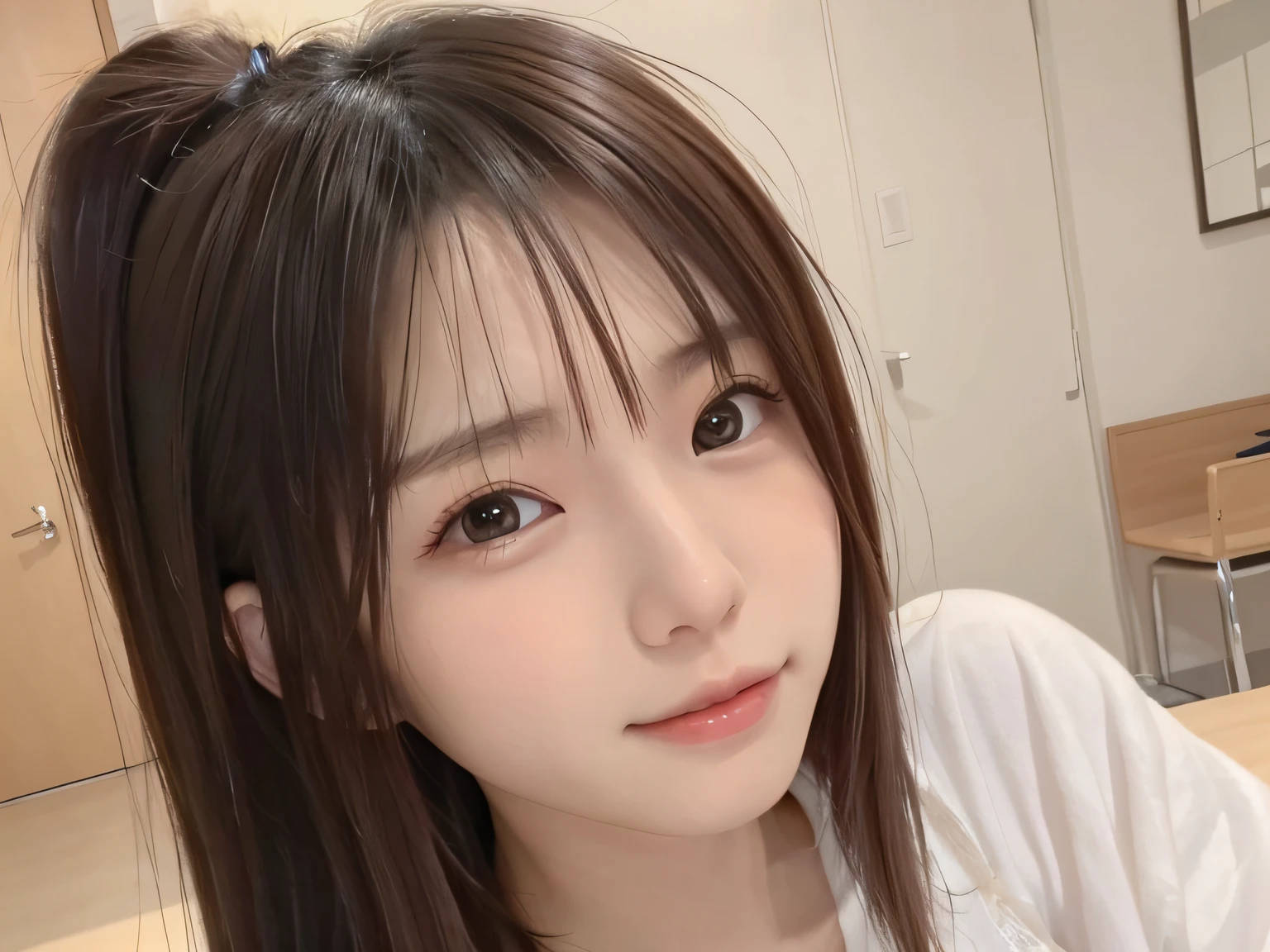 ２Man Japan Woman、sisterhood、20-year-old sister、16-year-old sister、chum、ssmile、White background、Zoom up of the face、Brown hair、I have bob hair、My sister has long hair and a ponytail