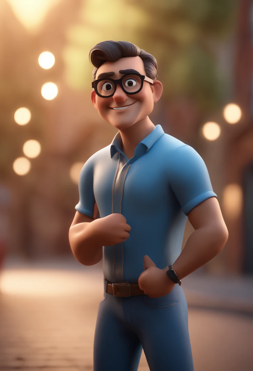 Cartoon character of a man with black glasses and a blue shirt, animation character, Caractere estilizado, animation style rendering, 3D estilizado, Arnold Maya render, 3 d render stylized, toon render keyshot, Personagem 3D, Personagem 3D, 3d rendering stylized, 3 d character render, personagem de desenho animado, Personagem de close up, Pose de personagem, (Estilo Pixar) (master part:1.2) (Bokeh) (best quality) (pele detalhada) (textura detalhada) (8k) (argila) (Cinematic lighting) (foco nítido
