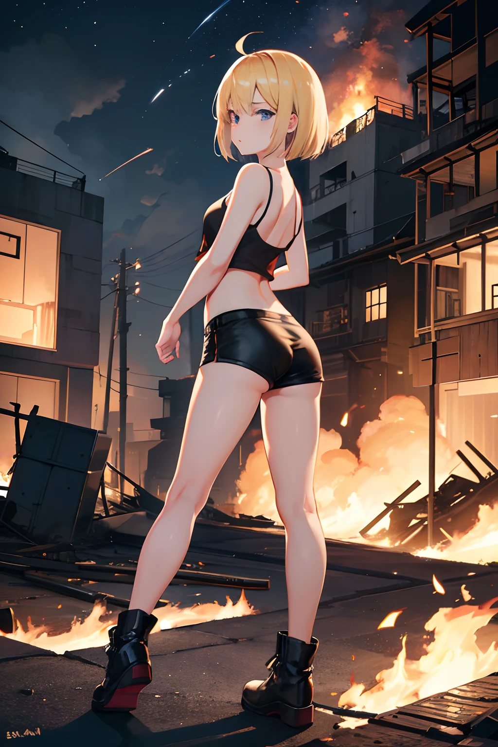 during night、Explosions and flames at an airbase、fence、Exploding buildings、Show your ass and turn around、cute blonde girl、cute face、elegant sleek smooth body、full body Esbian、Short bob hair、a blond、blue eyes、Black tank top、sexy black shorts、Wearing black shorts