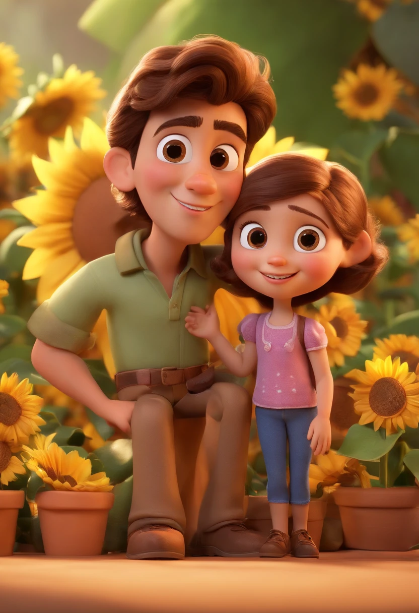 Create a Disney PIXAR-style 3D poster. ((centro da imagem, os pais. The father is tall, strong, fair skinned and brown eyed. The mother has fair skin and dark brown hair and light brown eyes)), ((2 children)) ((1 menina no meio e 1 menina ao lado, They're hugging each other, a menina tem pele clara e cabelos loiros  e olhos castanhos claros, 1 menina tem pele clara, olhos claros e cabelo loiro e cacheados)) ((tudo isso no estilo Disney PIXAR 3D, In the background, A house of sunflowers, Gloria Studio, The garden is full of nature 3D render RTX clay material, estilo de design cartunesco, POP Mart, soft lighting, linhas suaves, Spring tilt, Detailed illustrations of PIXAR 3D, Detalhes hiper-realistas, cor quente no estilo Disney PIXAR 3D))